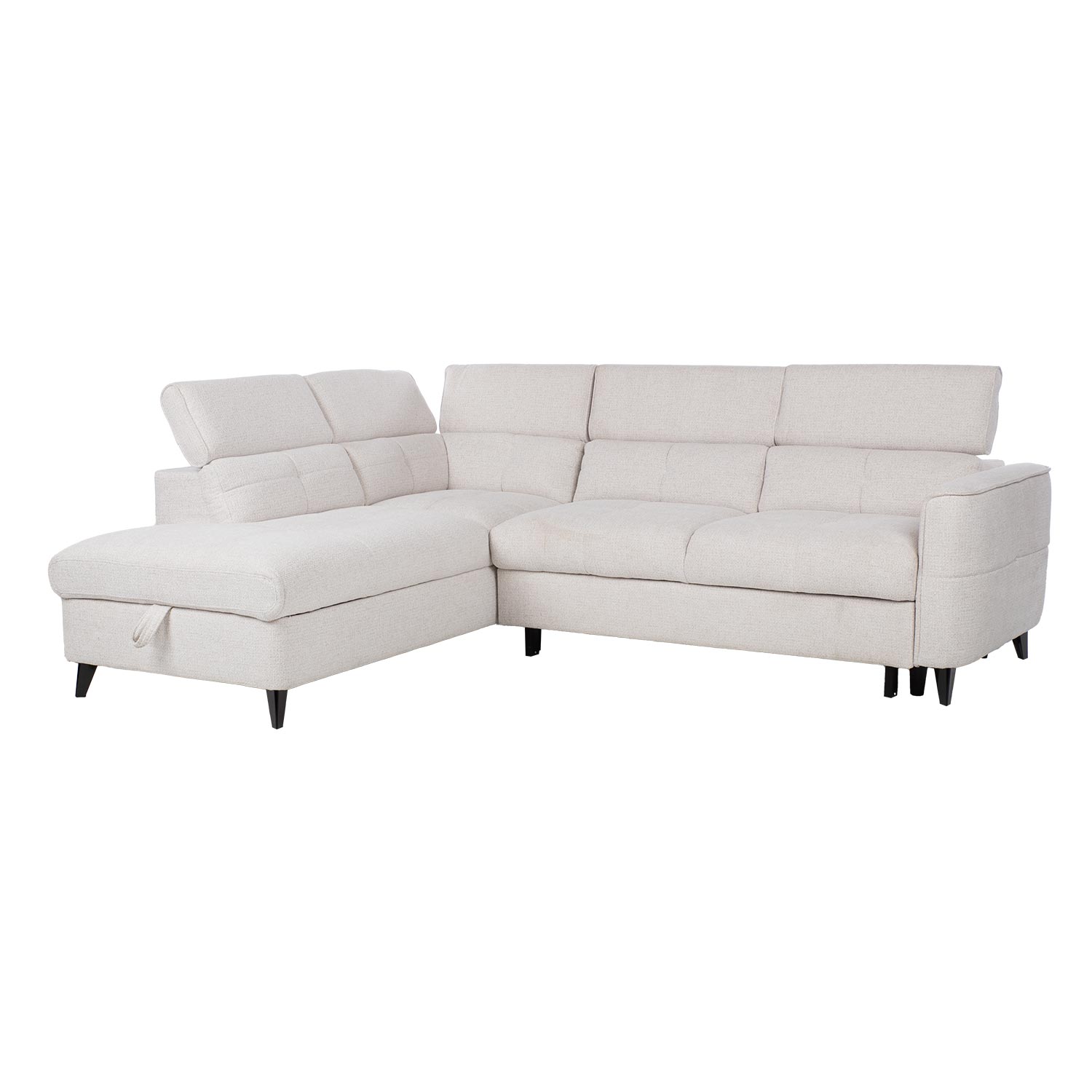 Kampinė sofa-lova, kairinė, balta, 255 × 205/95 × A 82/99 cm