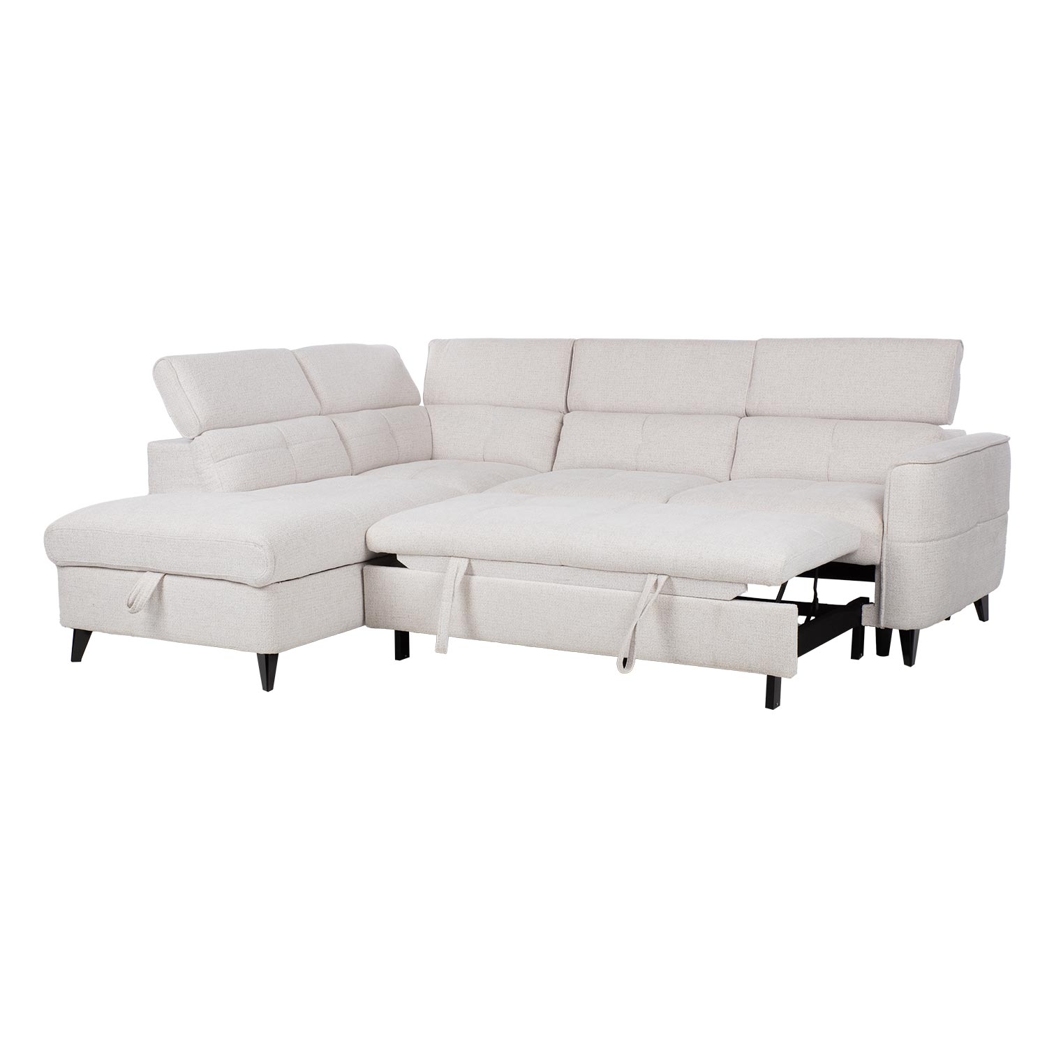 Kampinė sofa-lova, kairinė, balta, 255 × 205/95 × A 82/99 cm