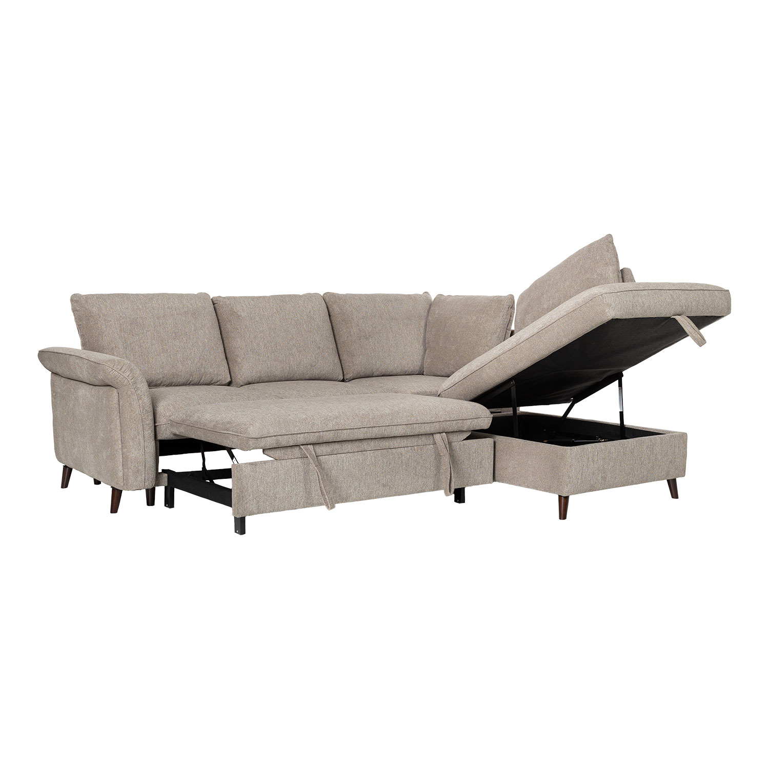 Kampinė sofa-lova, dešininio kampo, su daiktadėže, šviesiai ruda, 242 × 93/197 × 94 cm