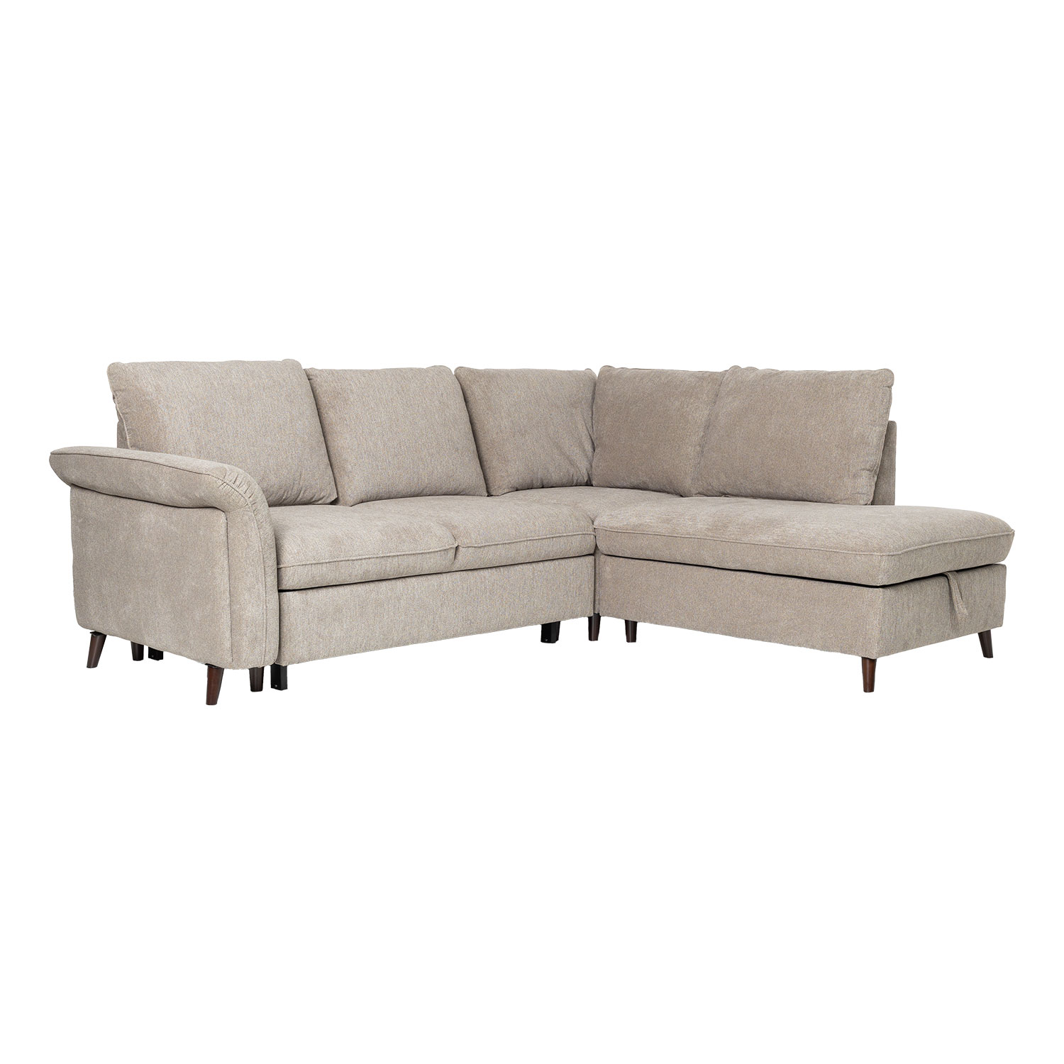 Kampinė sofa-lova, dešininio kampo, su daiktadėže, šviesiai ruda, 242 × 93/197 × 94 cm