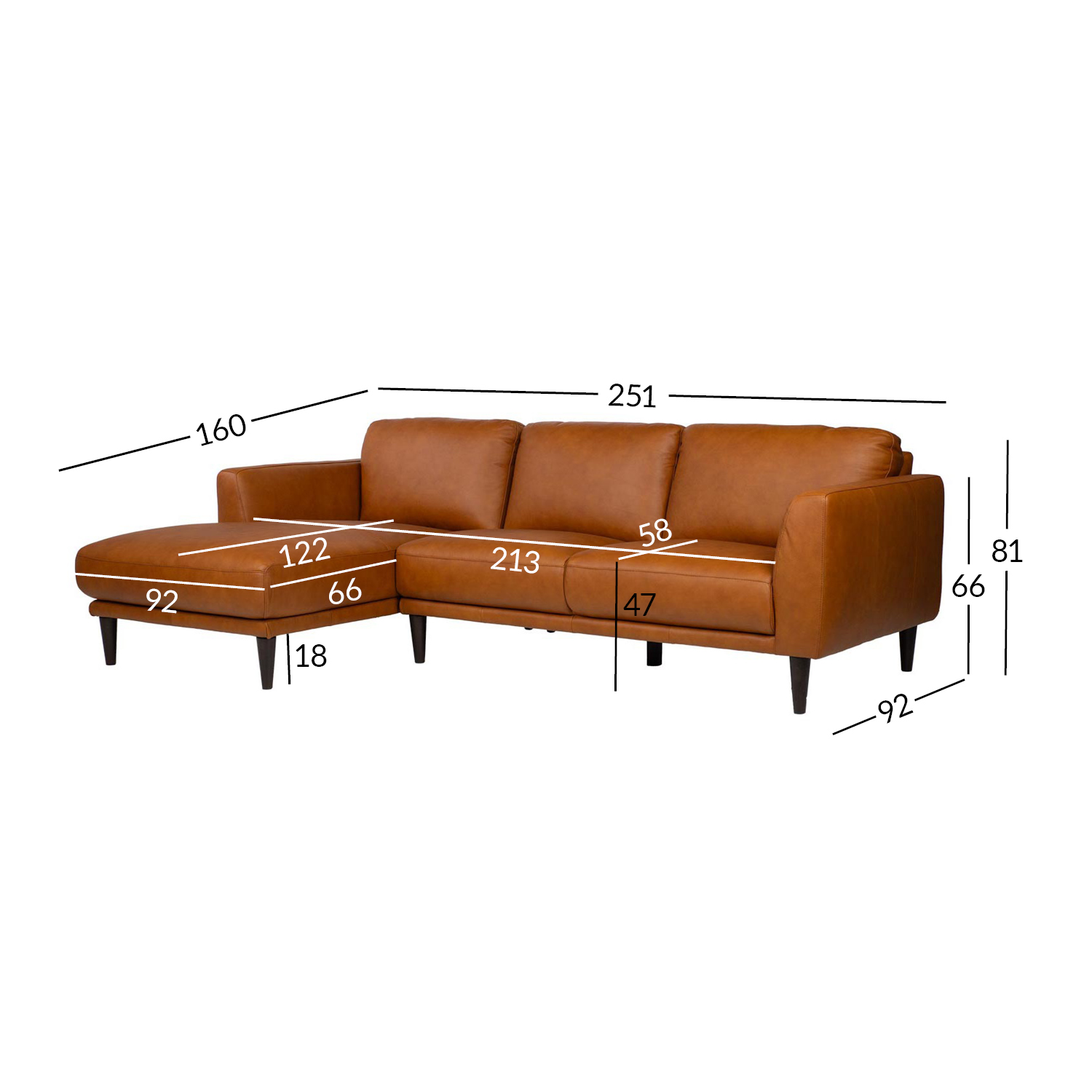 Kampinė sofa, kairinė, konjako ruda, 251 × 92/160 × 81 cm