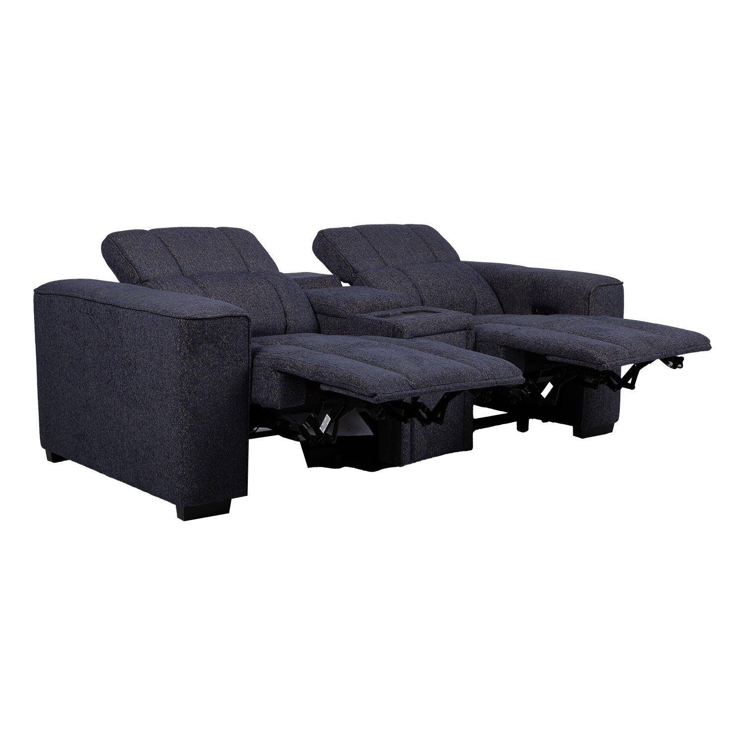 Dvivietė elektrinė atlošiama sofa su centrine konsole, tamsiai mėlyna, 209 × 103 × 73/97 cm