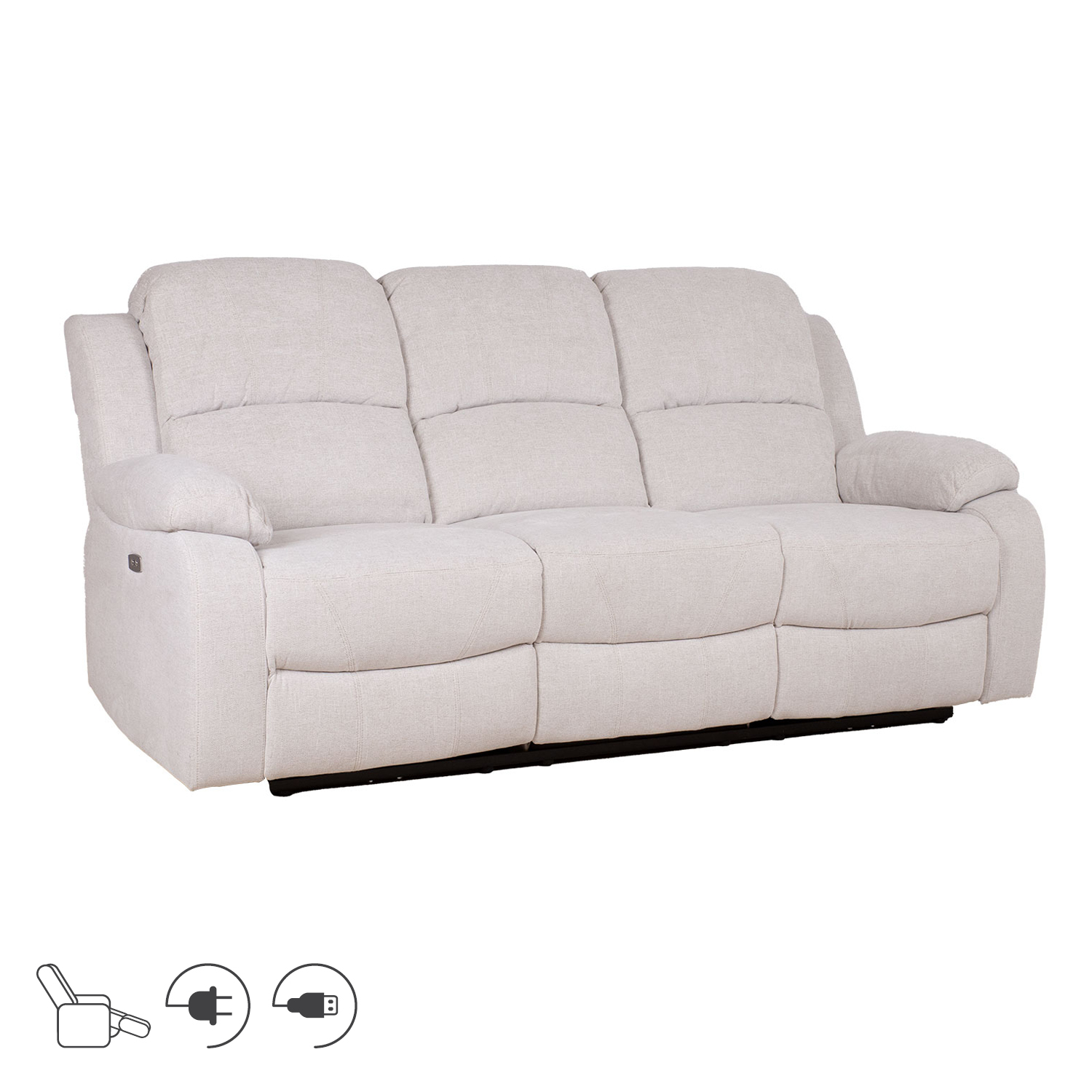 Sofa, 3 vietų, su elektriniu atlošimo mechanizmu, natūraliai balta, 208 × 96 × 100 cm