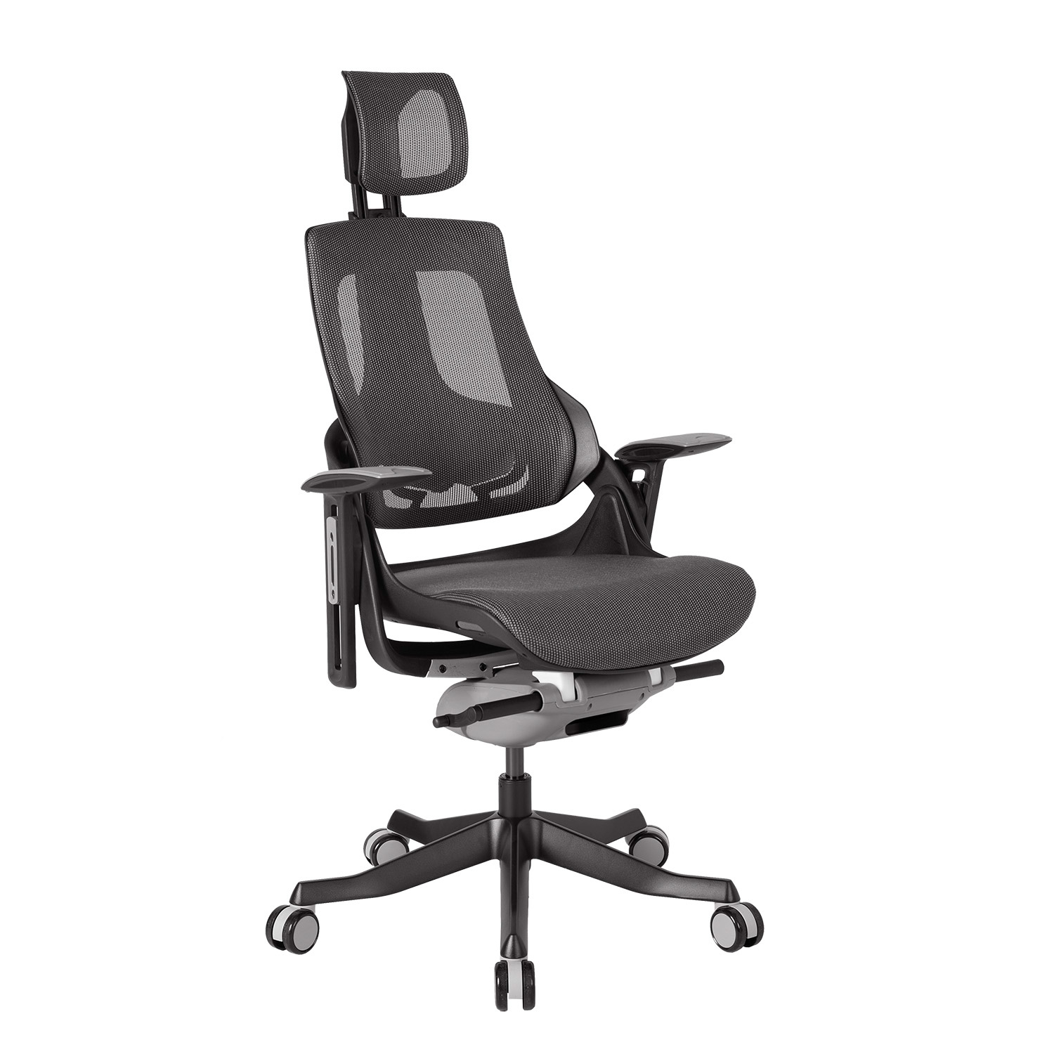 Biuro kėdė su galvos atrama ir sinchroniniu mechanizmu, pilka, 65 × 49 × 112–129 cm