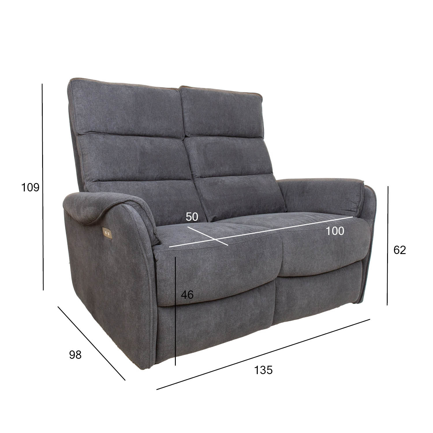 Dvivietė elektrinė sofa BOWERS, melsvai pilka, 135 × 98 × 109 cm