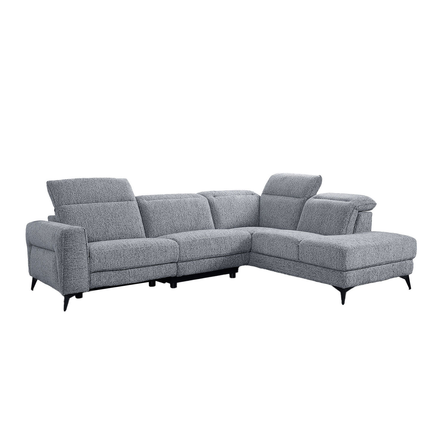 Kampinė sofa su elektriniu atlošiamu mechanizmu, pilka, 278 × 94/206 × 78/102 cm