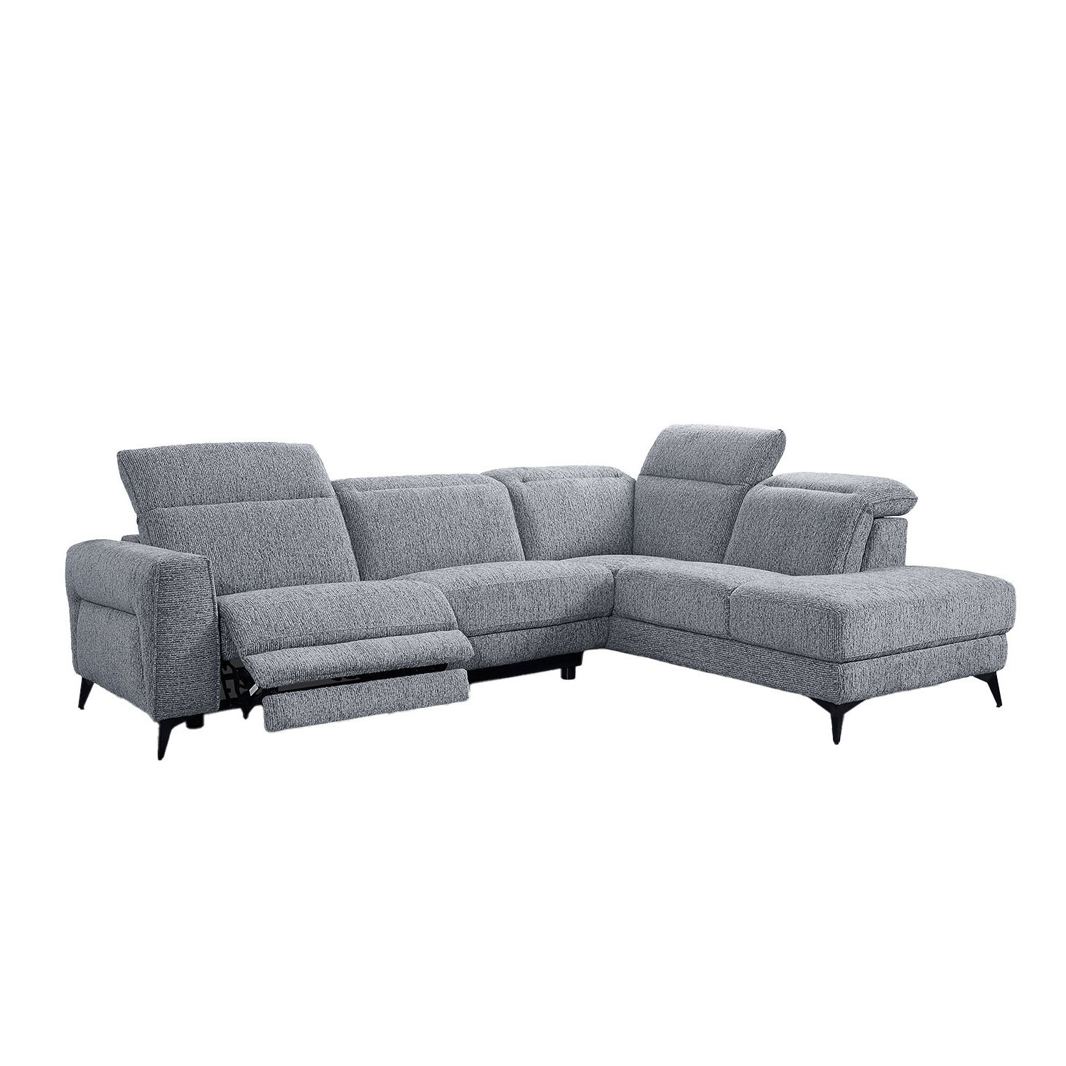 Kampinė sofa su elektriniu atlošiamu mechanizmu, pilka, 278 × 94/206 × 78/102 cm