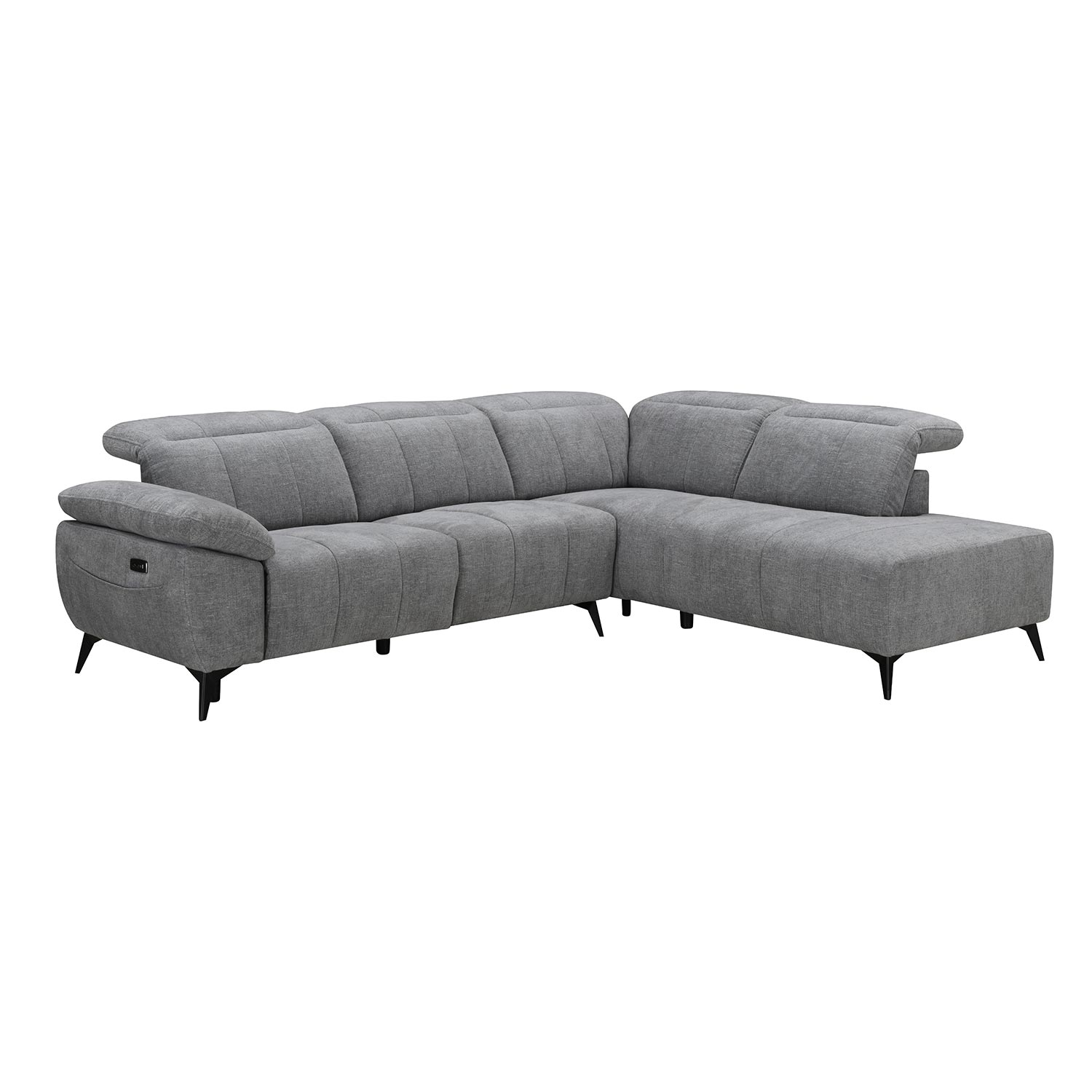 Kampinė sofa HAMID, dešininė, su elektriniu kojų atramos reguliavimu, pilka, 279 × 106/225 × 82 cm