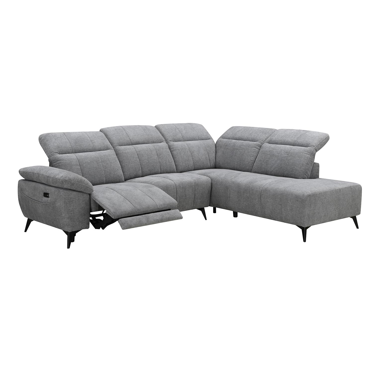 Kampinė sofa HAMID, dešininė, su elektriniu kojų atramos reguliavimu, pilka, 279 × 106/225 × 82 cm