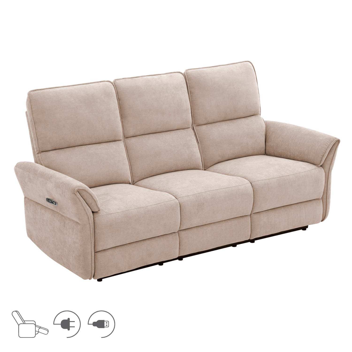 Sofa DAMIKA, 3 vietų su elektriniu atlošimo mechanizmu, šviesiai ruda, 200 × 92 × 103 cm
