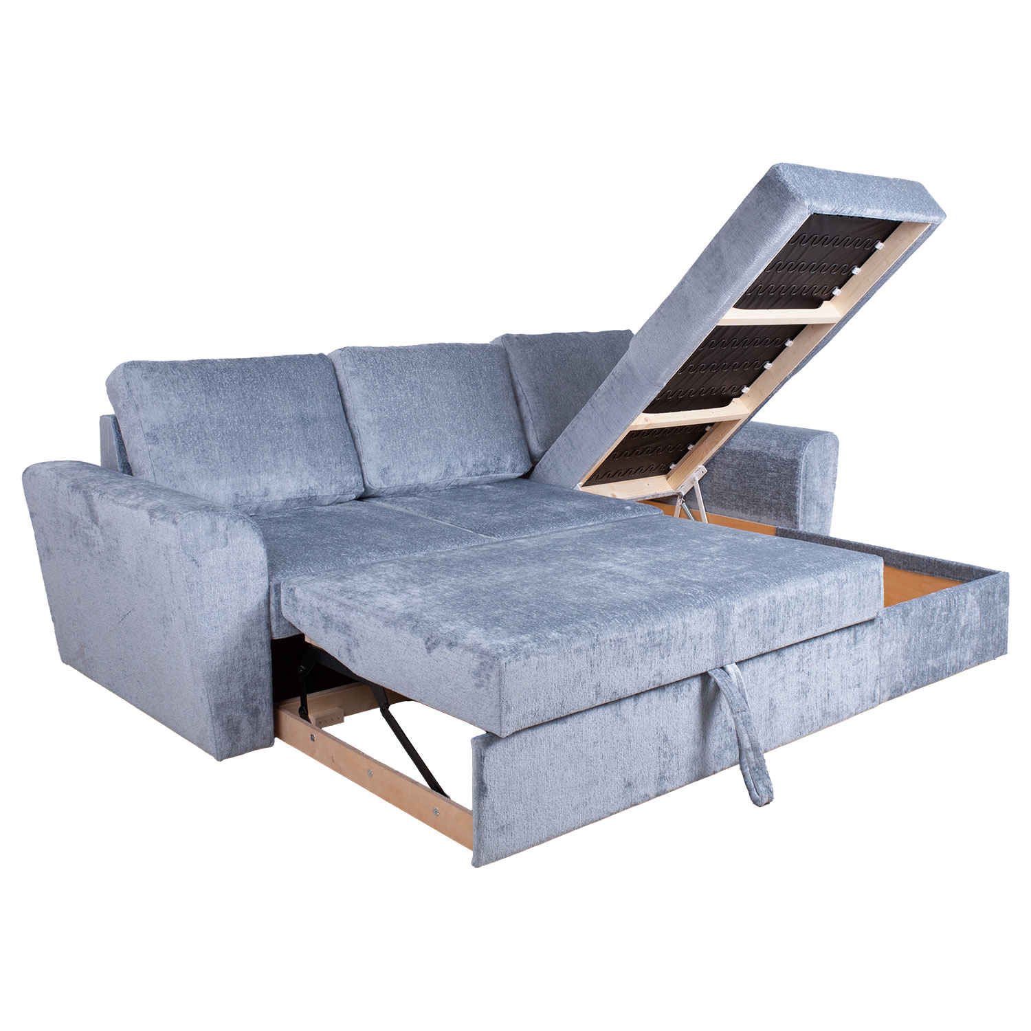 Kampinė sofa-lova INGMAR su daiktadėže, melsvai pilka, 242 × 168/92 × 92 cm