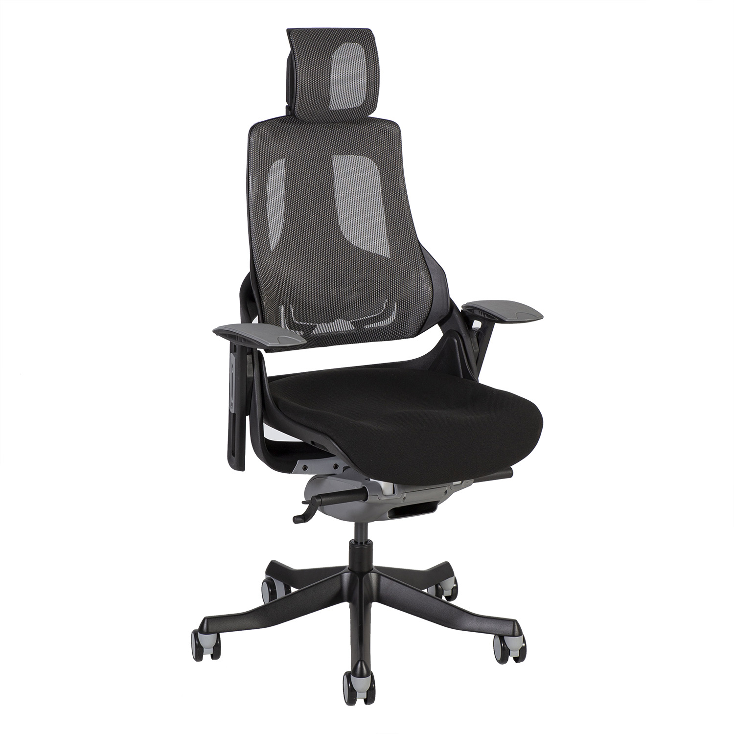 Biuro kėdė su galvos atrama ir sinchroniniu mechanizmu, juoda / pilka, 116–124 cm