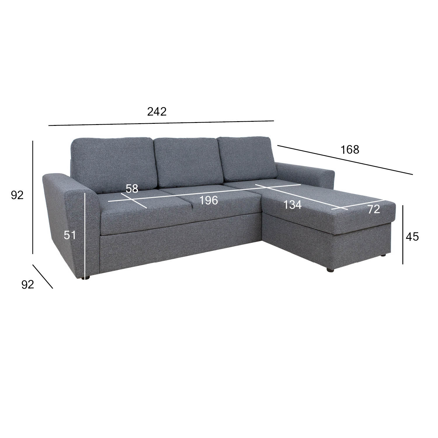 Kampinė sofa-lova INGMAR, pilka, 242 × 168/92 × 92 cm