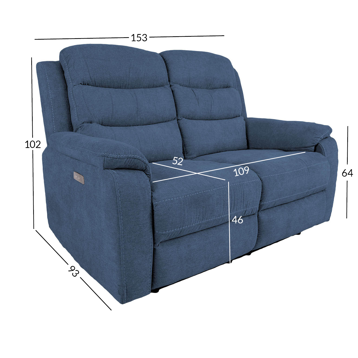 Sofa MIMI, dvivietė elektrinė atlošiama, mėlyna, 153 × 93 × 102 cm 3