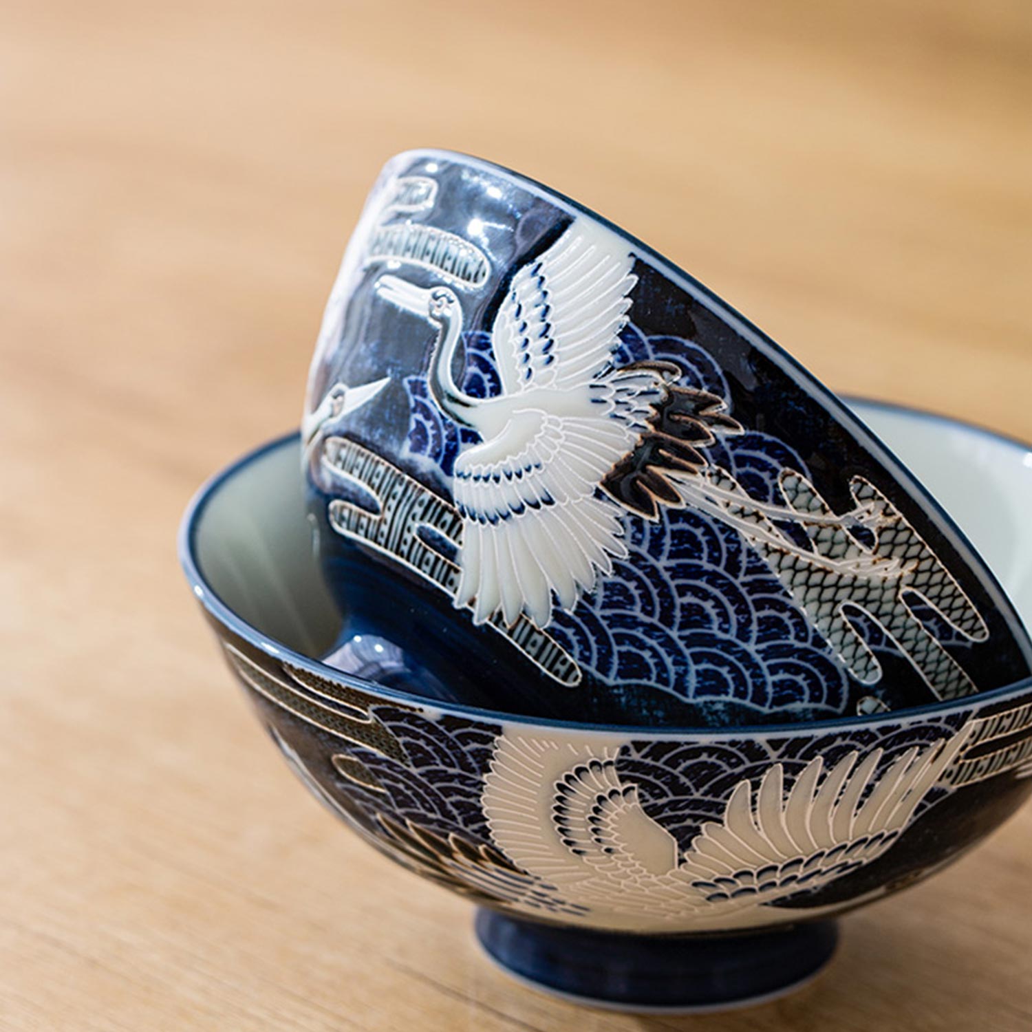 Porcelāna bļodiņa ar dzērvju motīvu, zila, Ø 12,2 × 6,5 cm