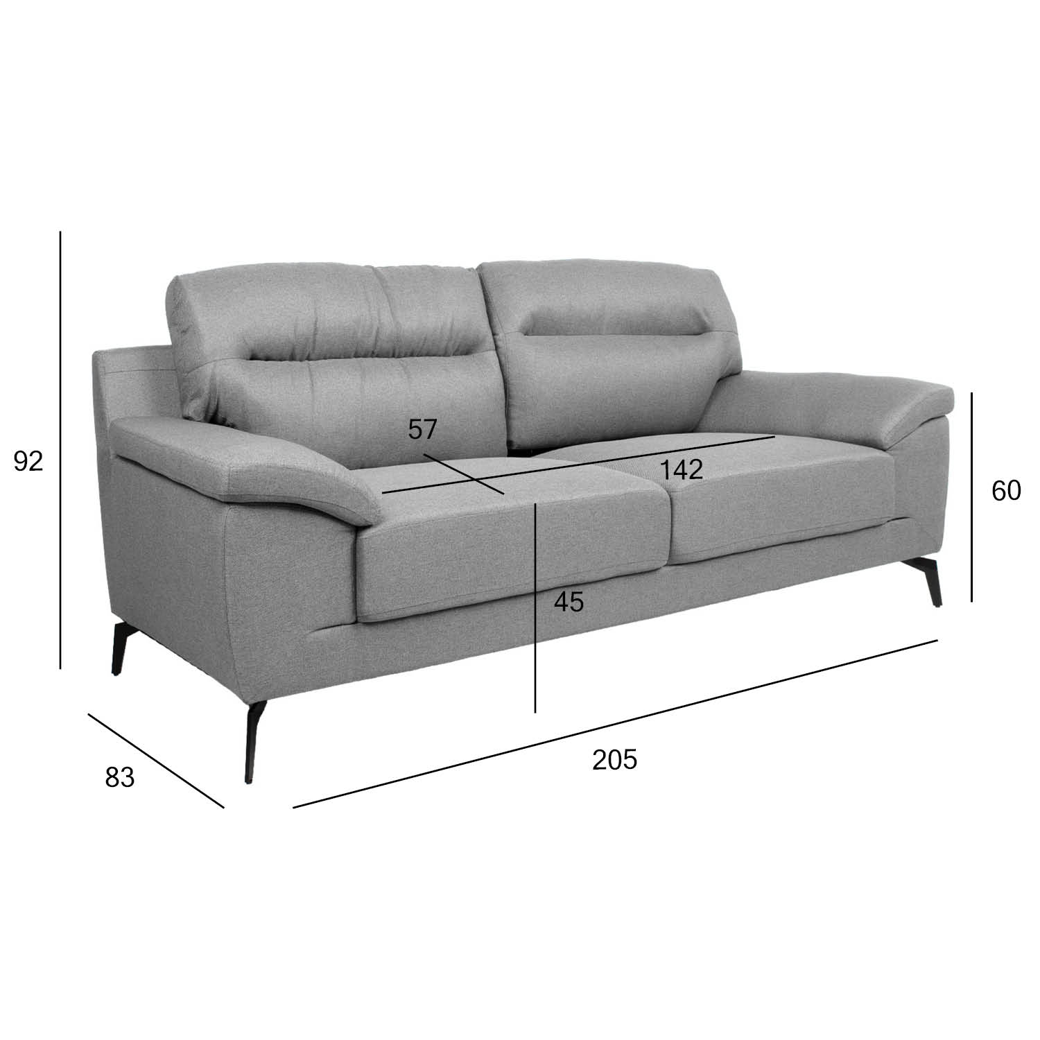 Sofa, 3 vietų, pilka, 205 × 83 × 92 cm