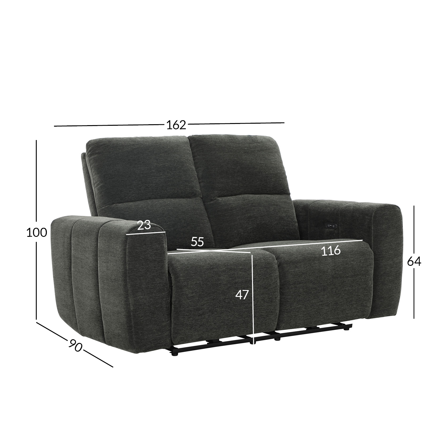 Sofa, dvivietė elektrinė atlošiama, pilka, 162 × 90 × 100 cm