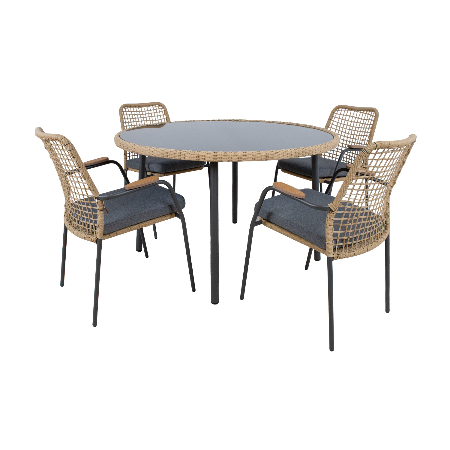 Lauko baldų komplektas su stalu ir 4 kėdėmis, tamsiai pilkas, stalas Ø120 × 74 cm