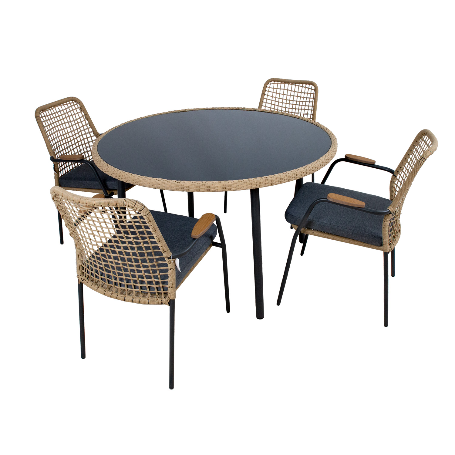 Lauko baldų komplektas su stalu ir 4 kėdėmis, tamsiai pilkas, stalas Ø120 × 74 cm