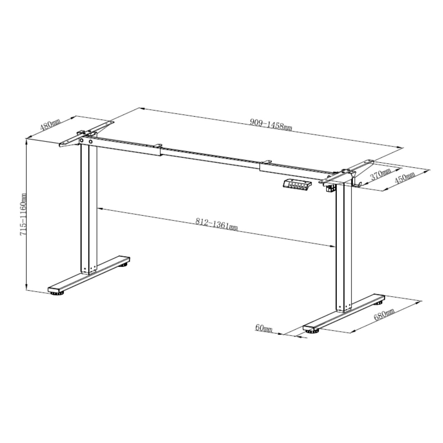 Reguliuojamo aukščio stalo rėmas ERGO FIT, vieno variklio, juodas, 71,5–116 cm