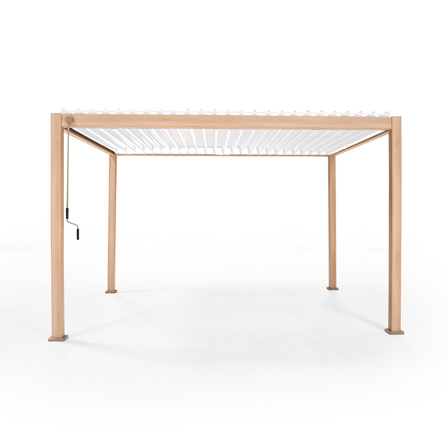 Sodo pavėsinė su reguliuojamomis stogo lamelėmis, šviesaus medžio dekoro, 301,3 × 392,7 × 250,8 cm 3