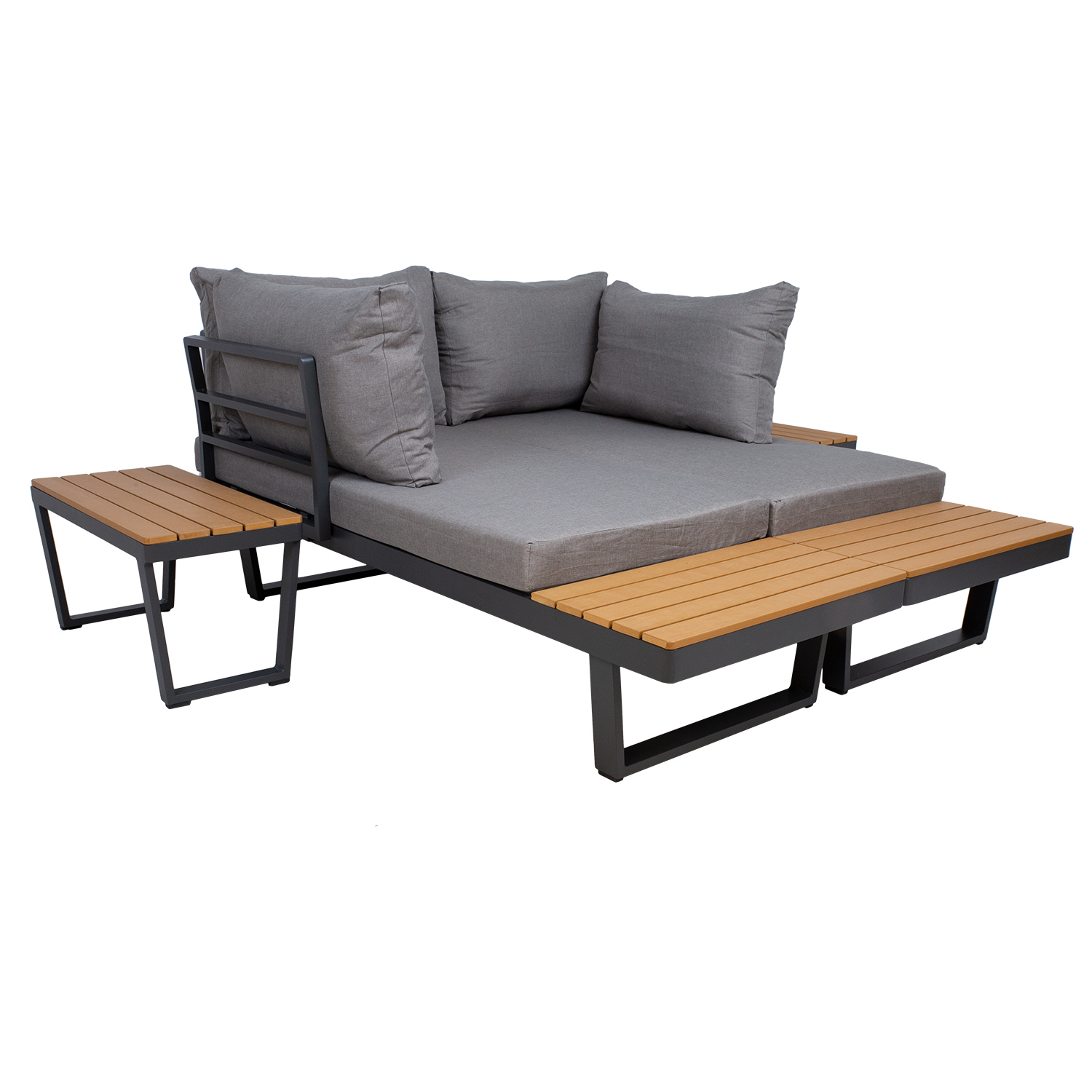 Lauko baldų komplektas su moduline kampine sofa ir 2 staliukais, pilkas