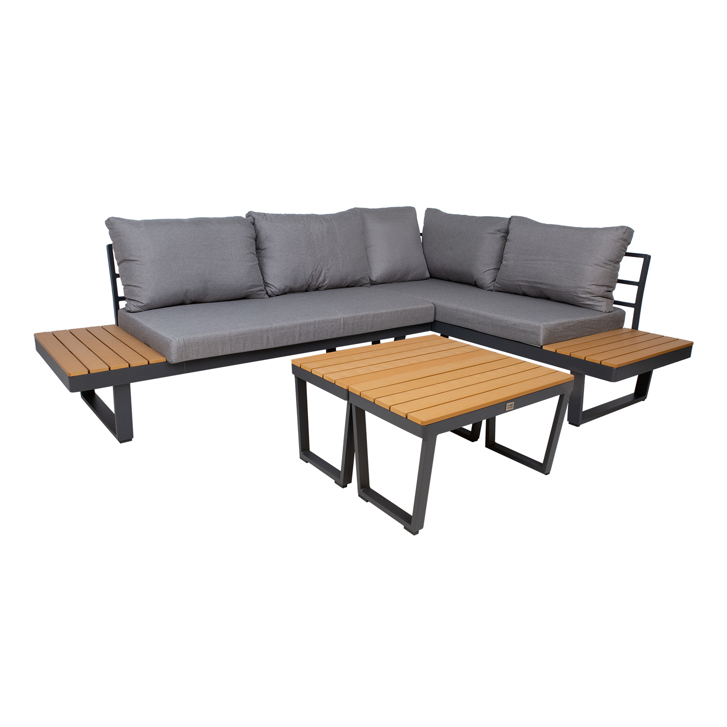 Lauko baldų komplektas su moduline kampine sofa ir 2 staliukais, pilkas