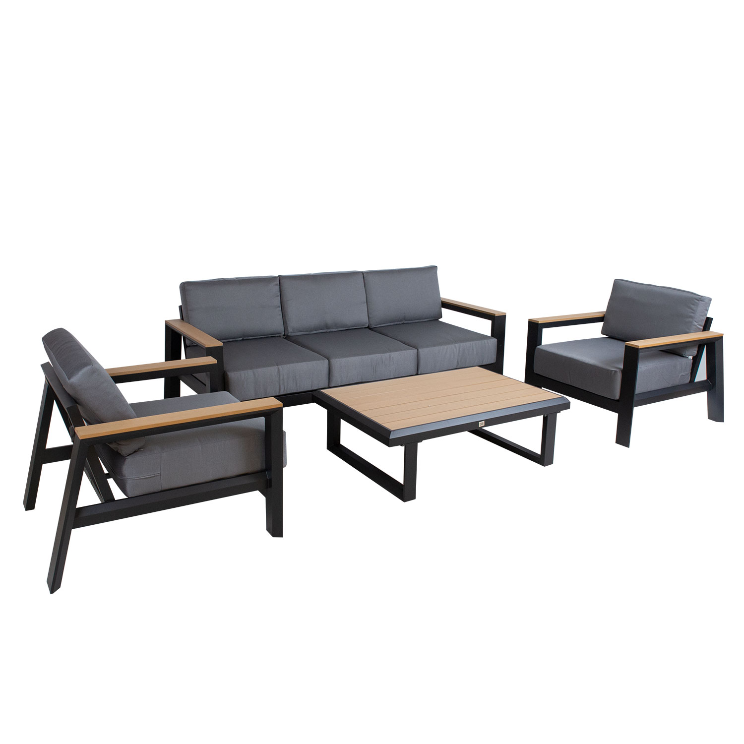 Lauko baldų komplektas su sofa ir 2 foteliais, juodas