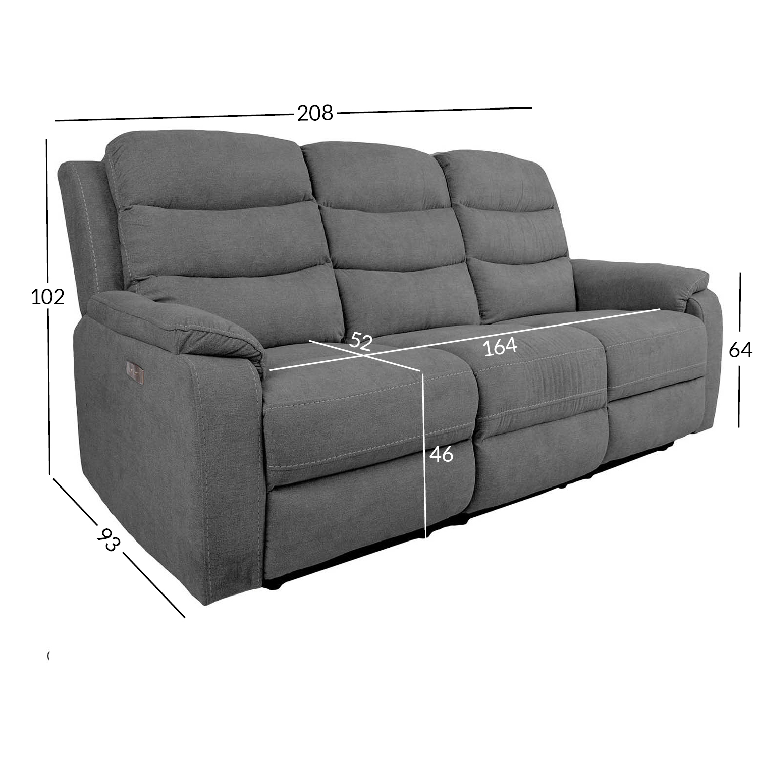 Atlošiama sofa MIMI, elektrinė, 3 vietų, pilka, 208 × 93 × 102 cm