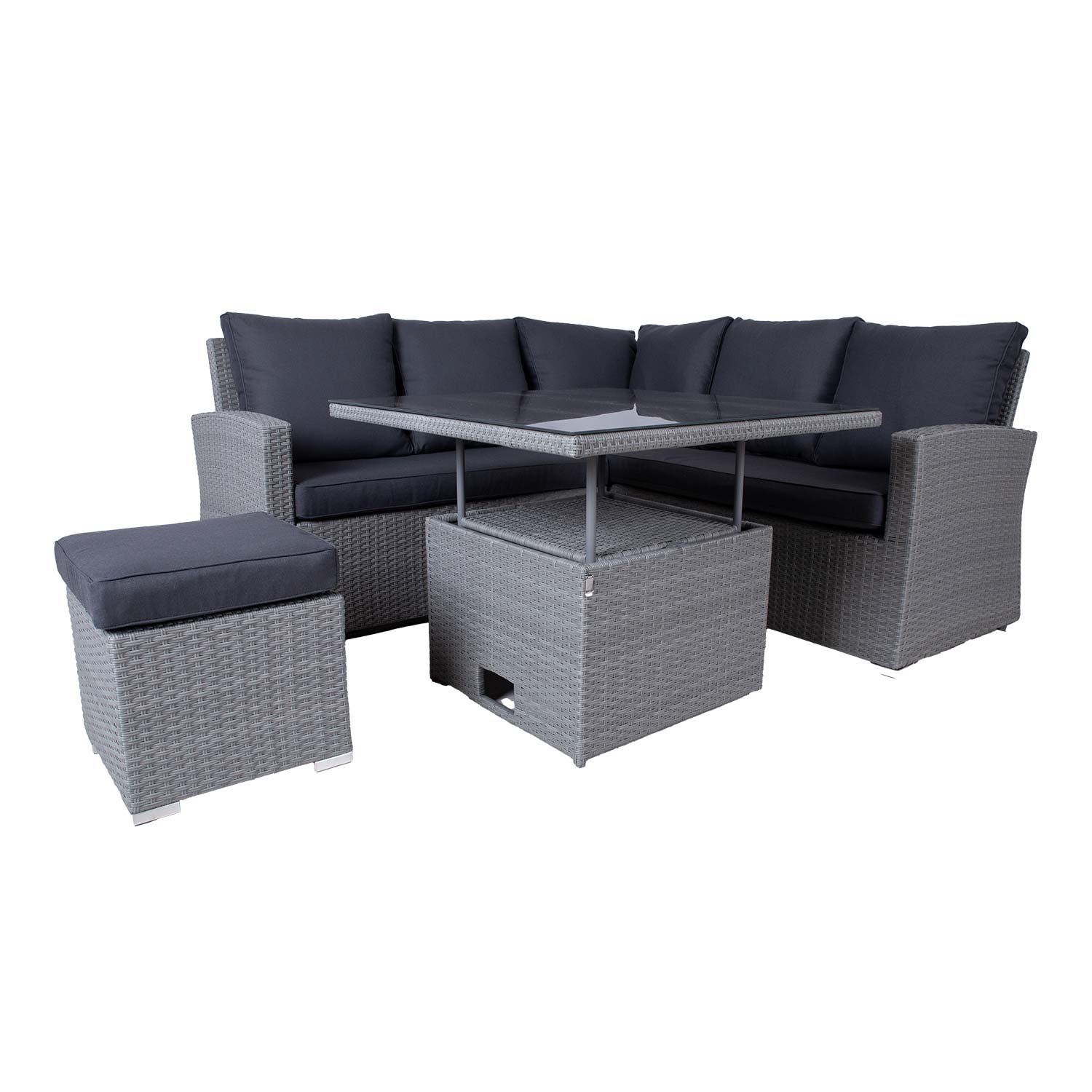 Lauko baldų komplektas su reguliuojamo aukščio stalu ir kampine sofa, pilkas 3