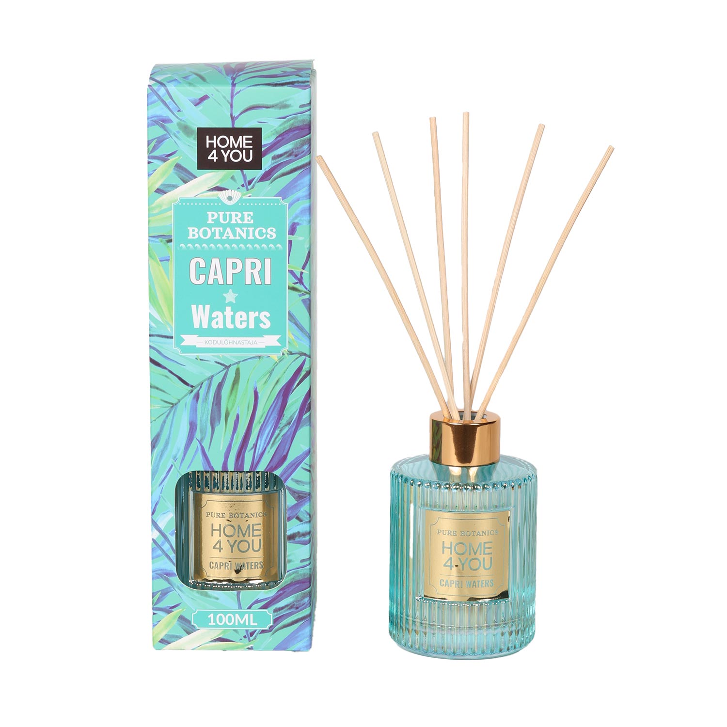 Namų kvapas su lazdelėmis PURE BOTANICS Capri Waters, turkio spalvos, 6,3 × 6,3 × 9,8 cm, 100 ml