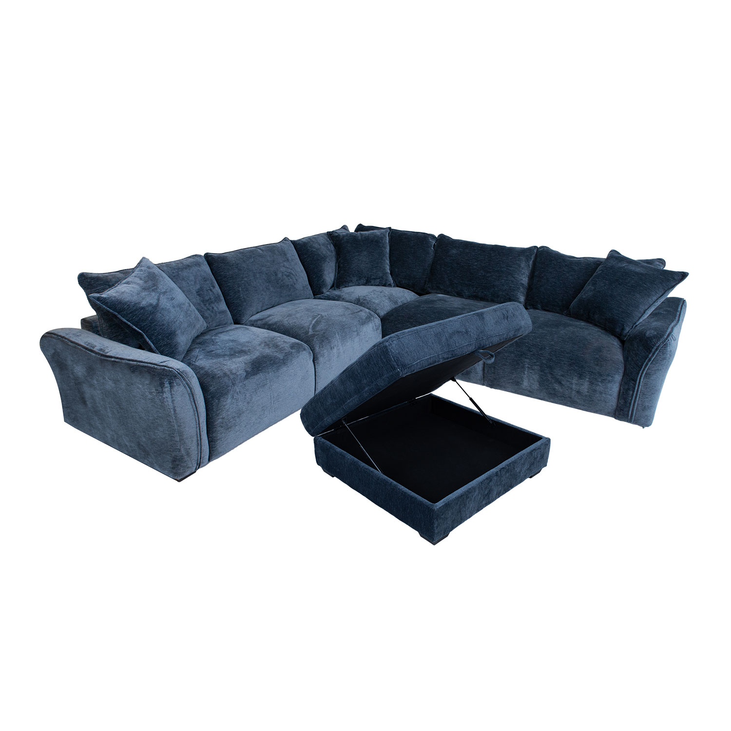 Kampinė sofa su pufu su daiktadėže, tamsiai mėlyna, 276 × 276 × 102 × 84 cm