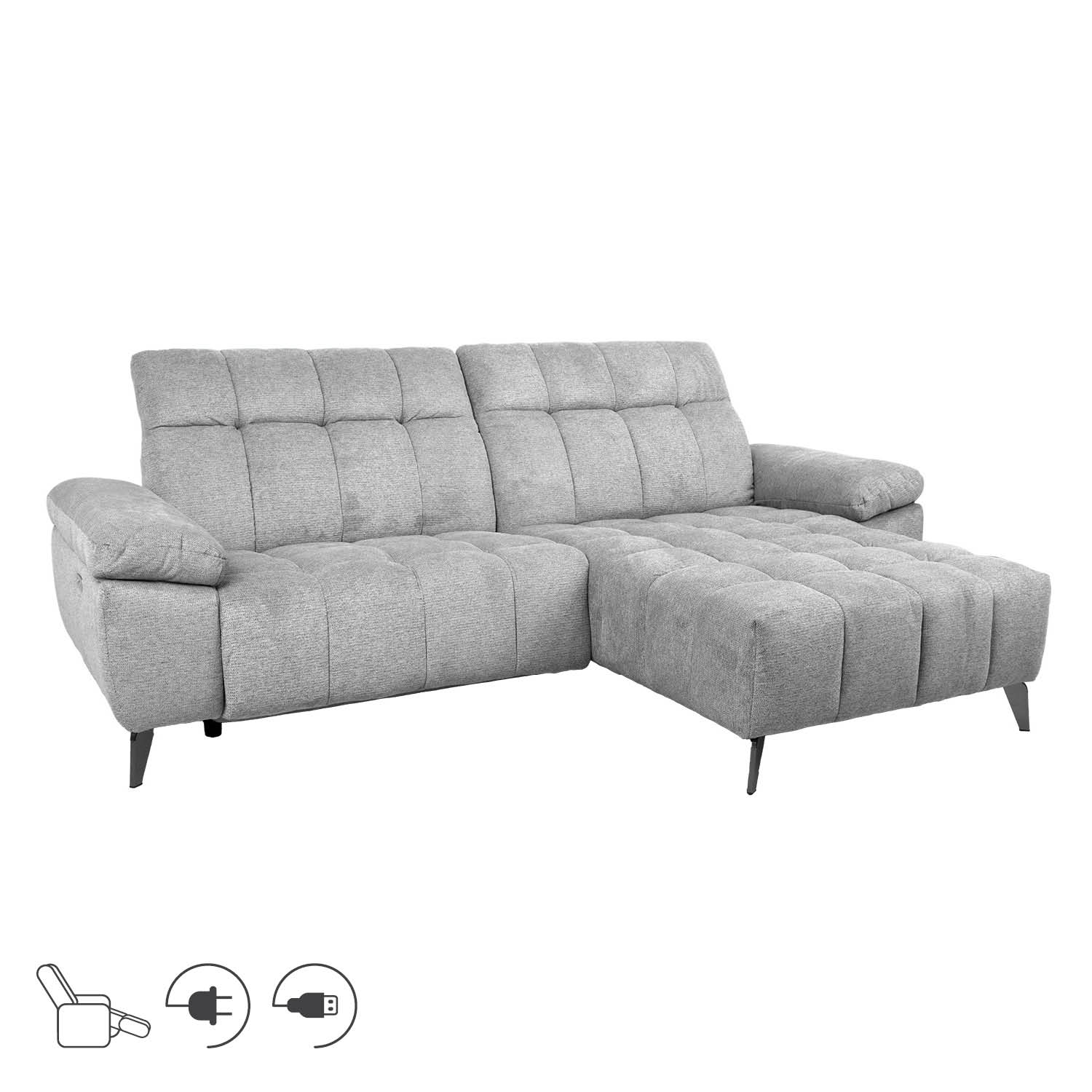 Kampinė sofa, dešinysis kampas, elektrinė kojų atrama, šviesiai pilka, 264 × 87/160 × 85/102 cm