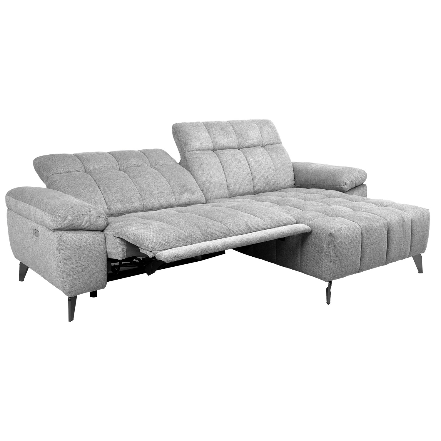 Kampinė sofa, dešinysis kampas, elektrinė kojų atrama, šviesiai pilka, 264 × 87/160 × 85/102 cm