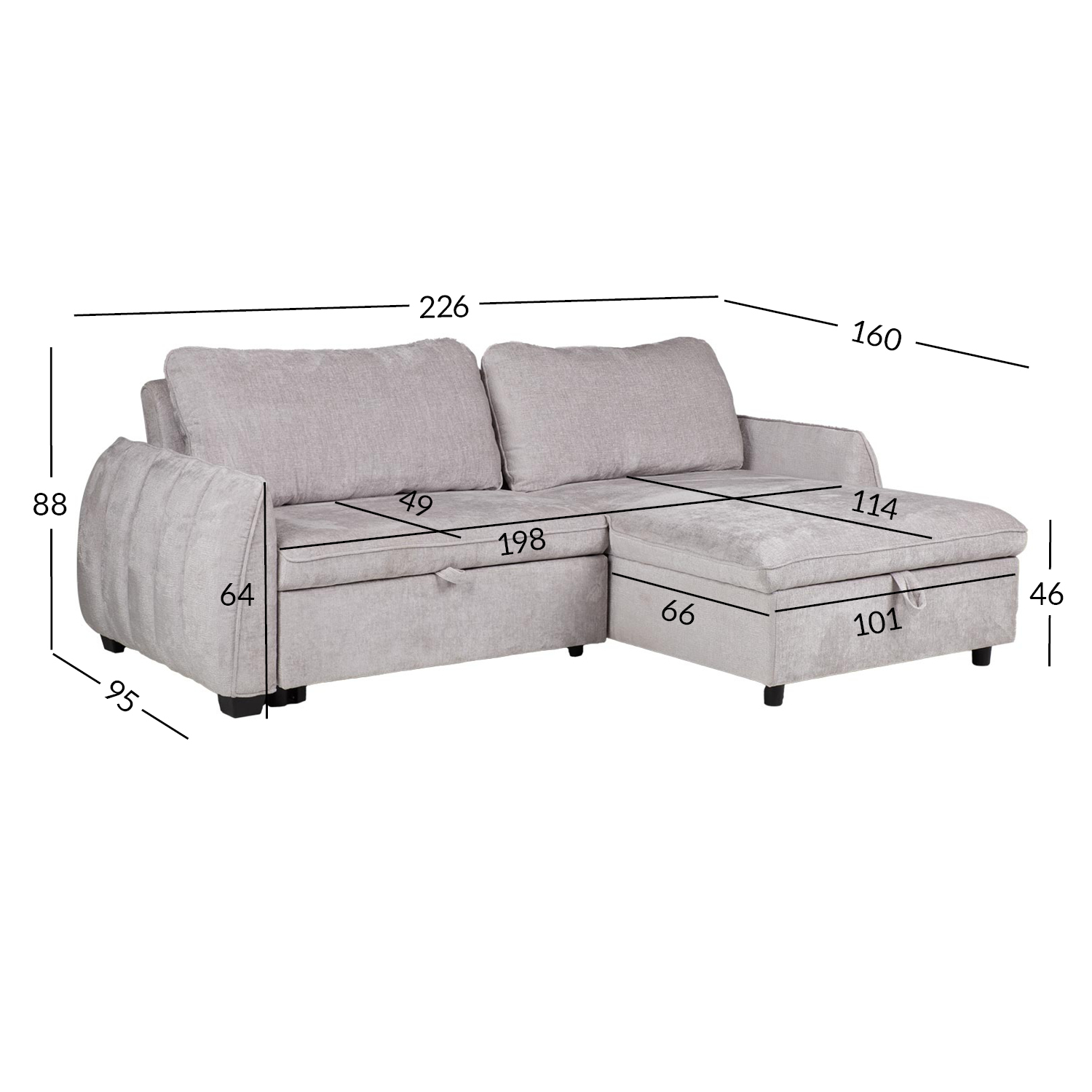 Kampinė sofa-lova, išskleidžiama, šviesiai pilka, 226 × 95/160 × 88 cm