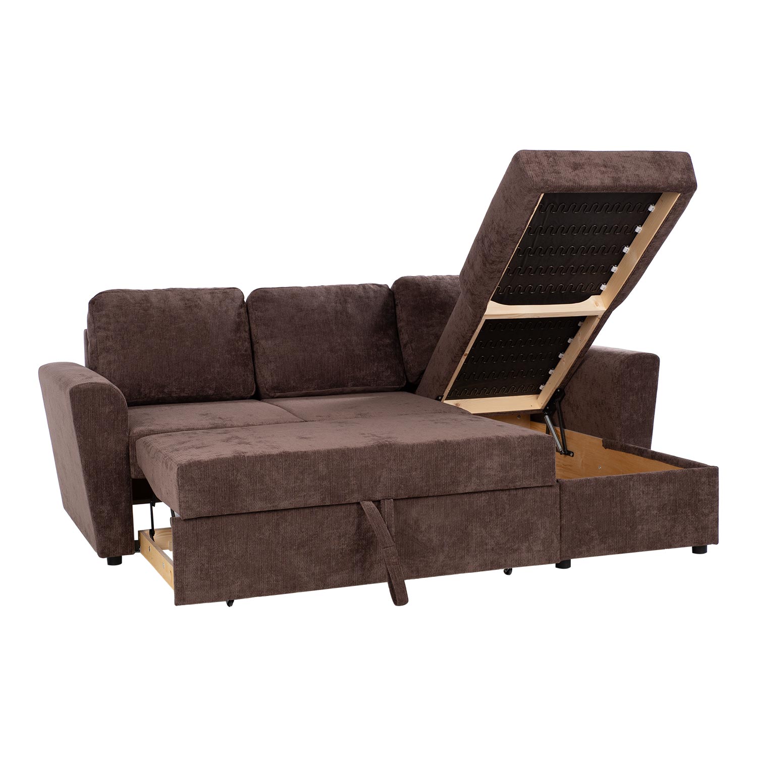 Kampinė sofa-lova su daiktadėže, ruda, 217 x 92/160 x 88 cm
