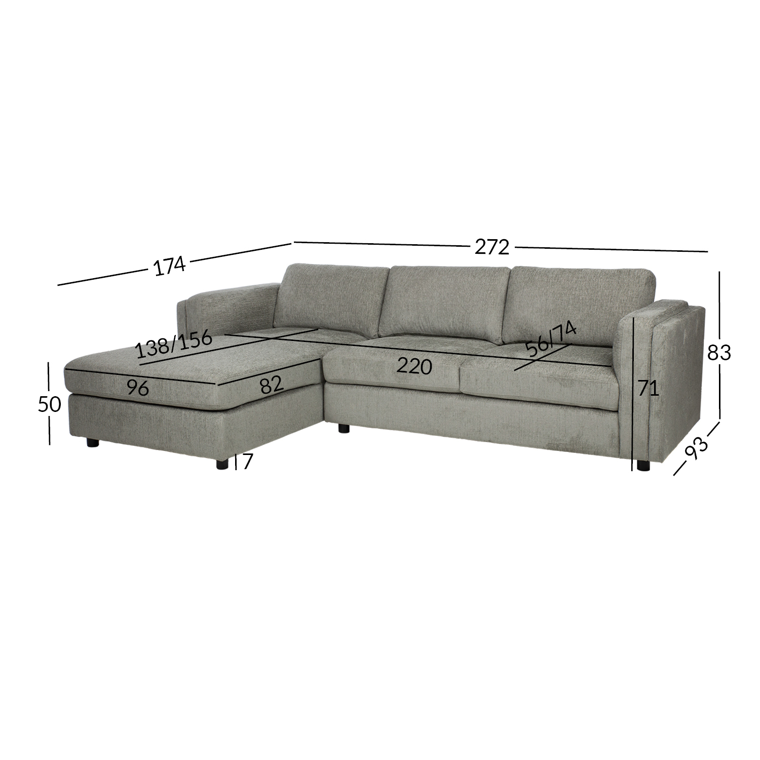 Kampinė sofa, kairinė, žalia, 272 × 174/93 × 83 cm
