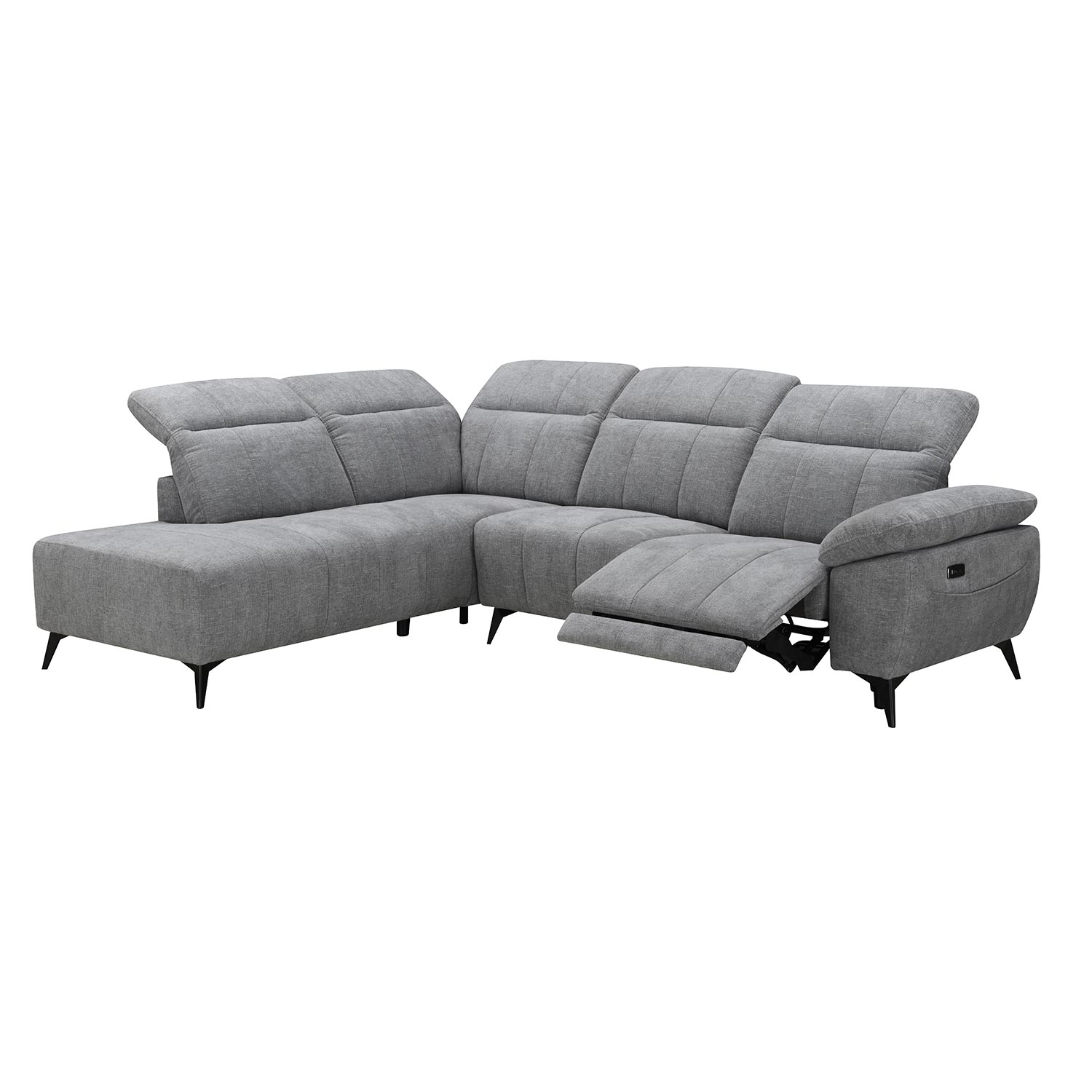 Kampinė sofa HAMID, kairinė, elektrinis atlošiamas mechanizmas, pilka, 279 × 225/106 × 82 cm