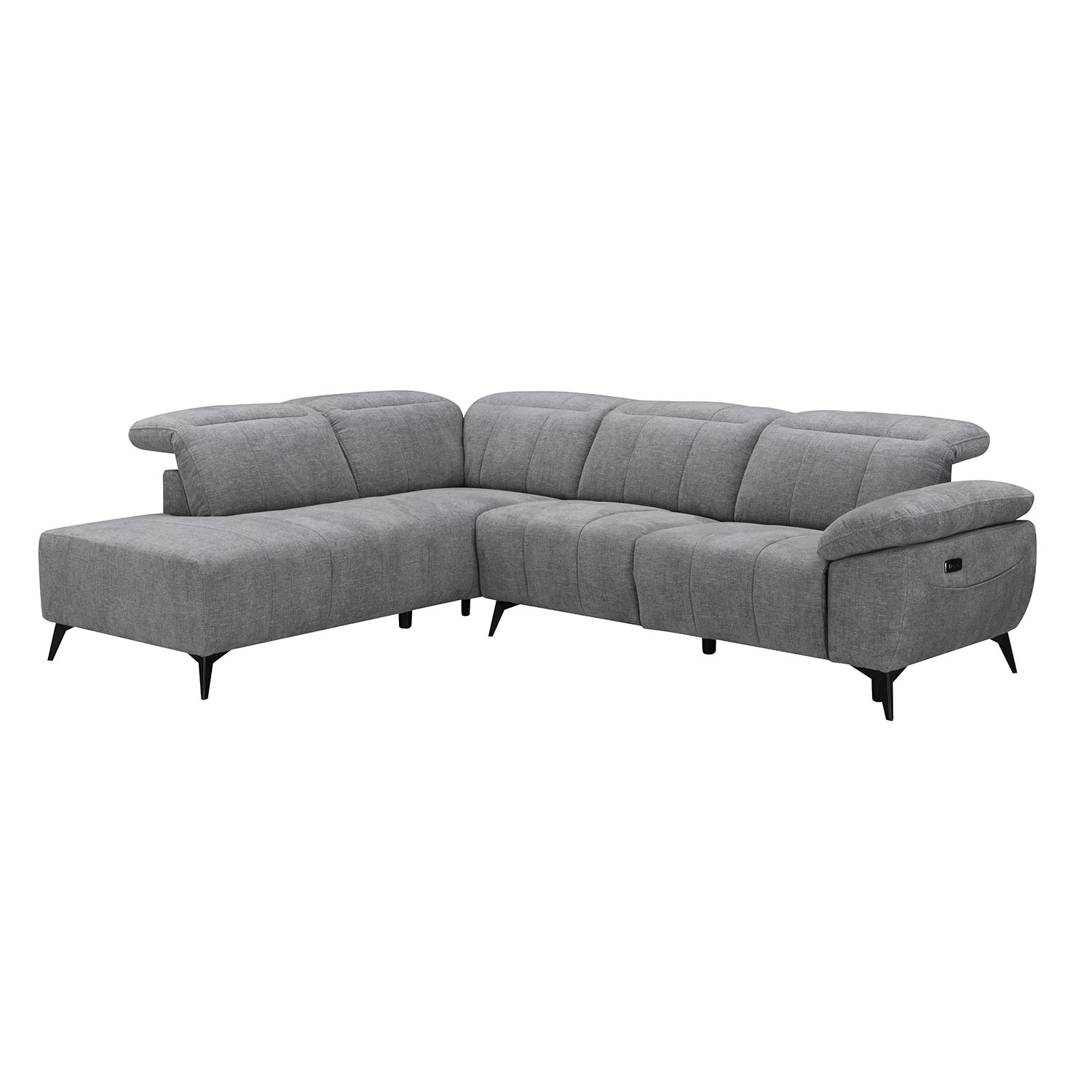 Kampinė sofa HAMID, kairinė, elektrinis atlošiamas mechanizmas, pilka, 279 × 225/106 × 82 cm