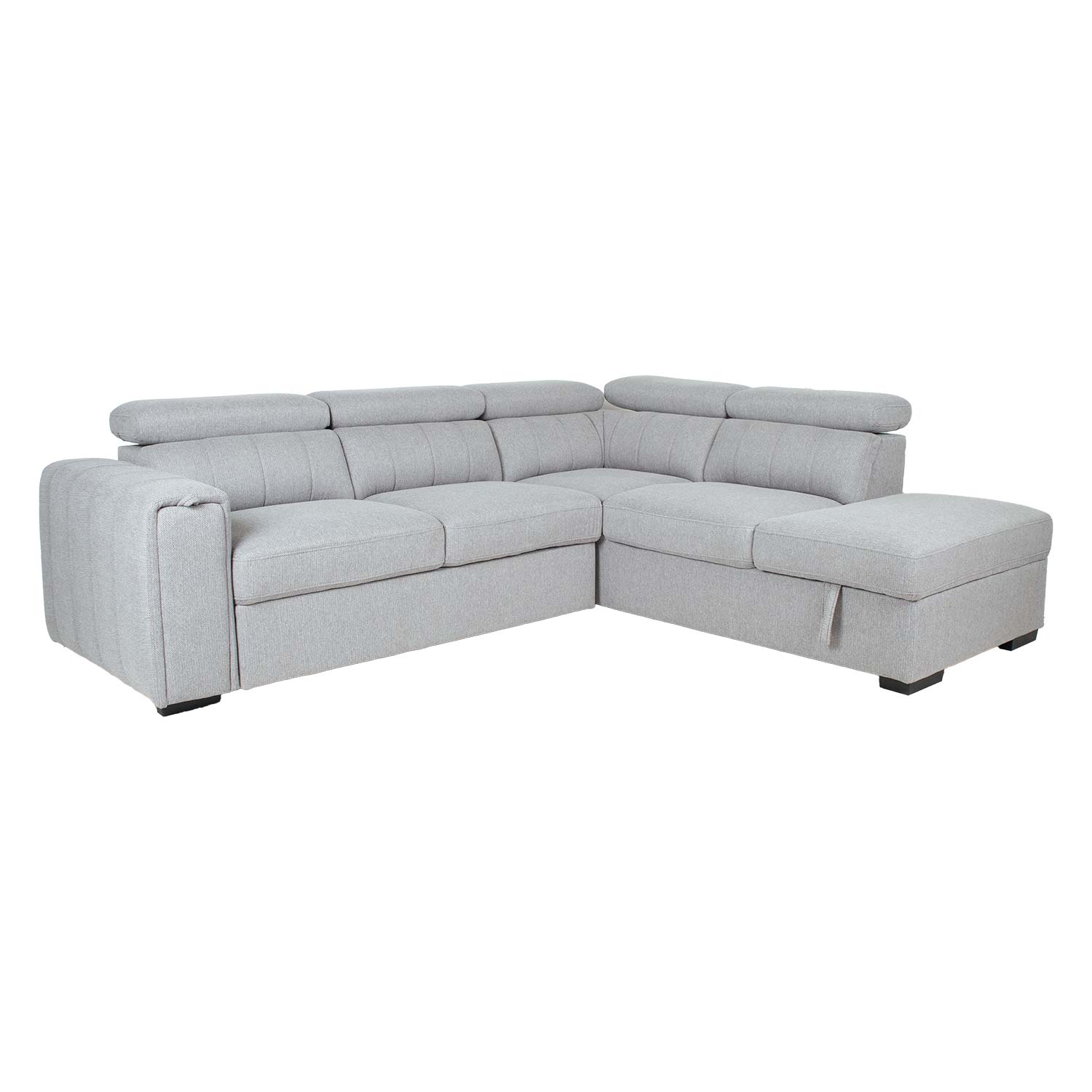 Kampinė sofa-lova su daiktadėže, dešininė, pilka, 256 × 96/218 × 84/99 cm