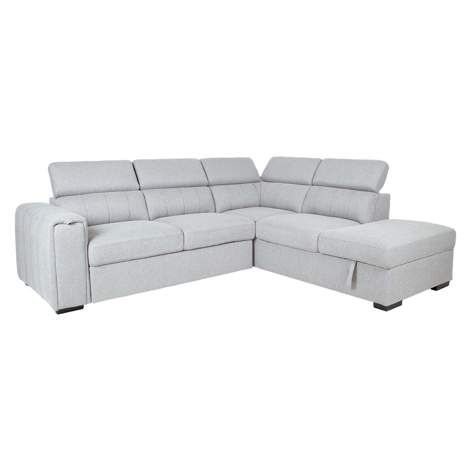 Kampinė sofa-lova su daiktadėže, dešininė, pilka, 256 × 96/218 × 84/99 cm