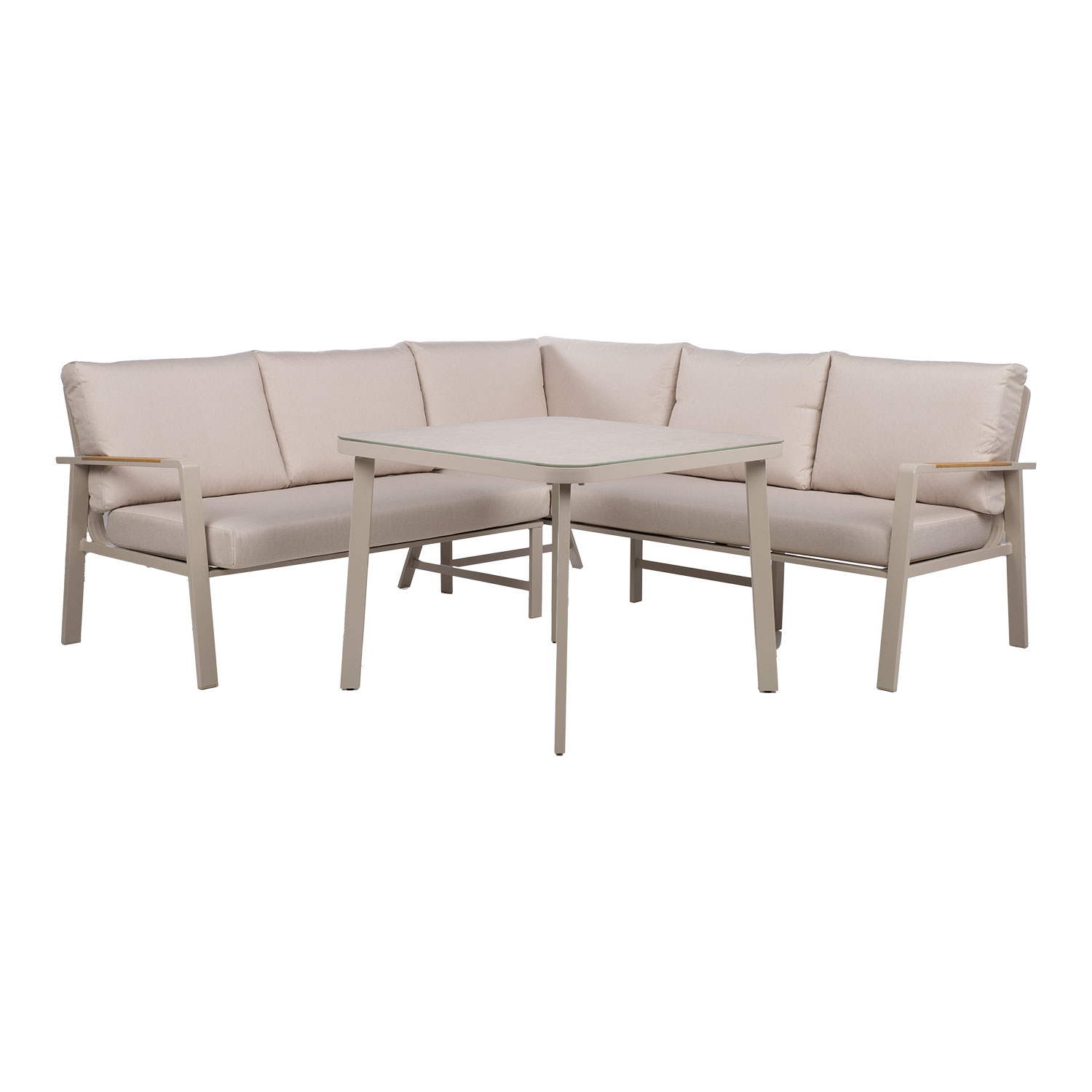 Lauko baldų komplektas su stalu ir kampine sofa, smėlinis, 195 × 196 × 75 cm