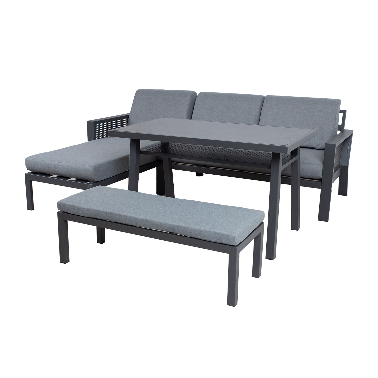 Lauko baldų komplektas DELGADO su kampine sofa ir suolu, pilkas, 220 × 165 × 73 cm
