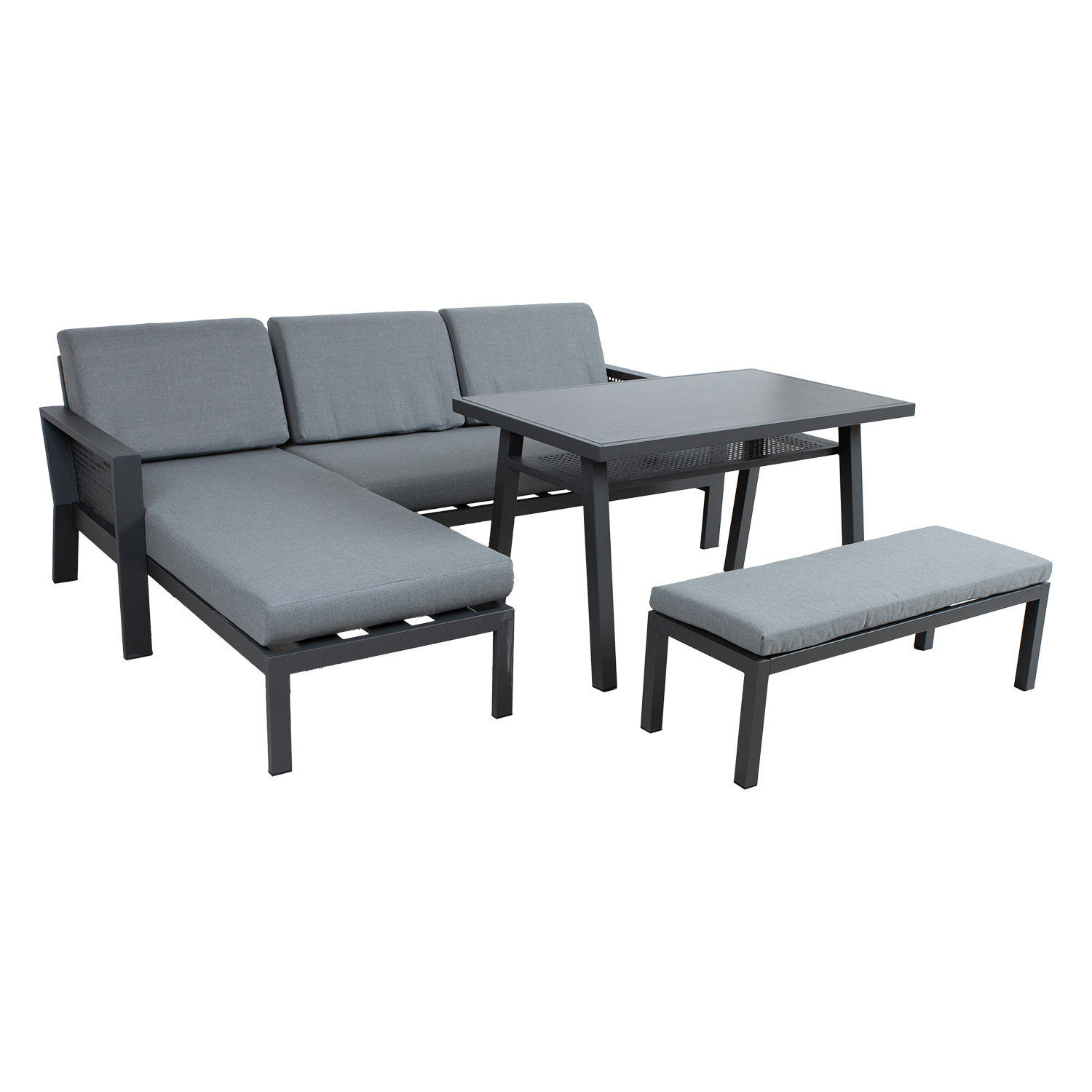 Lauko baldų komplektas DELGADO su kampine sofa ir suolu, pilkas, 220 × 165 × 73 cm 2