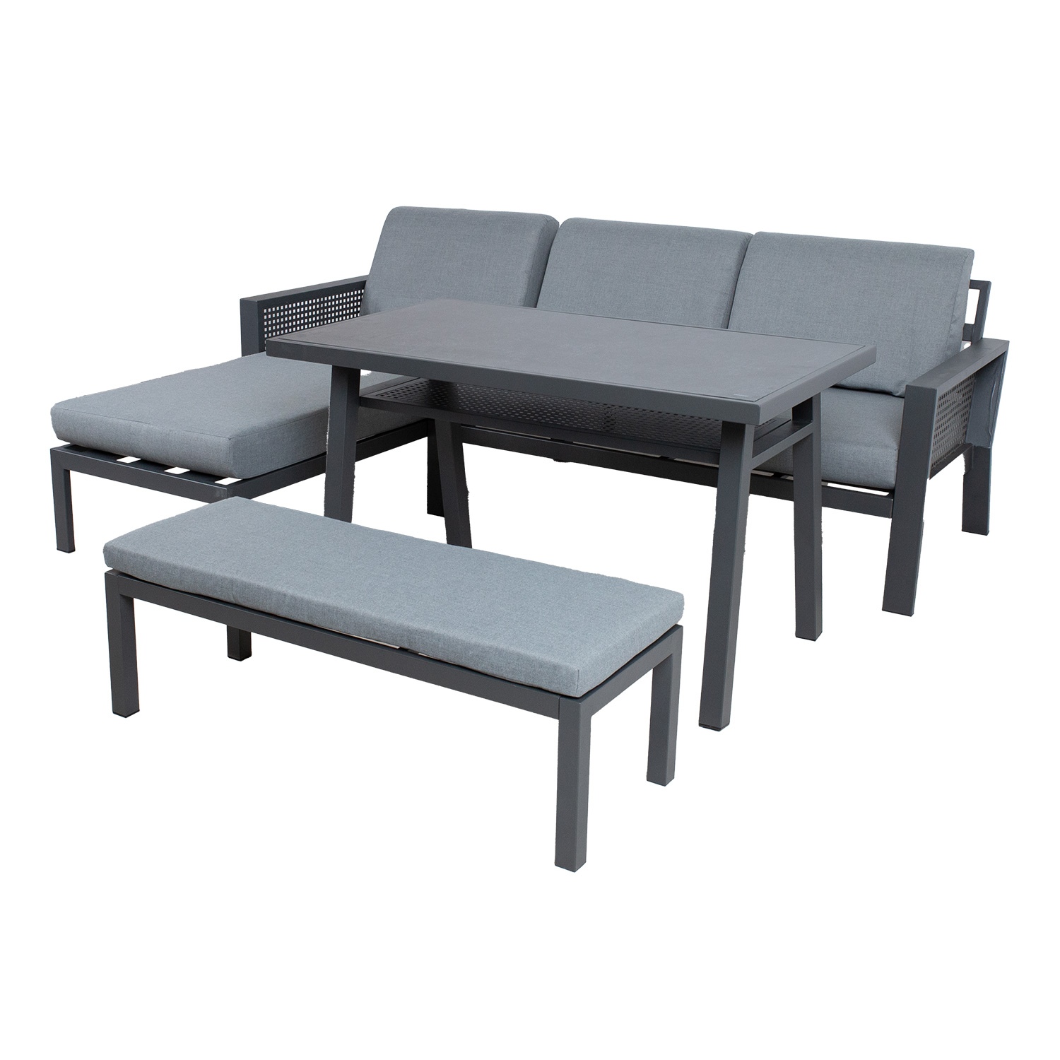 Lauko baldų komplektas DELGADO su kampine sofa ir suolu, pilkas, 220 × 165 × 73 cm