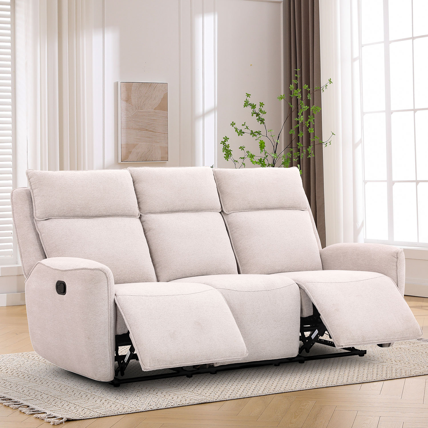 Sofa, 3 vietų, su rankiniu atlošimo mechanizmu, smėlio spalvos, 206 × 90 × 104 cm 3