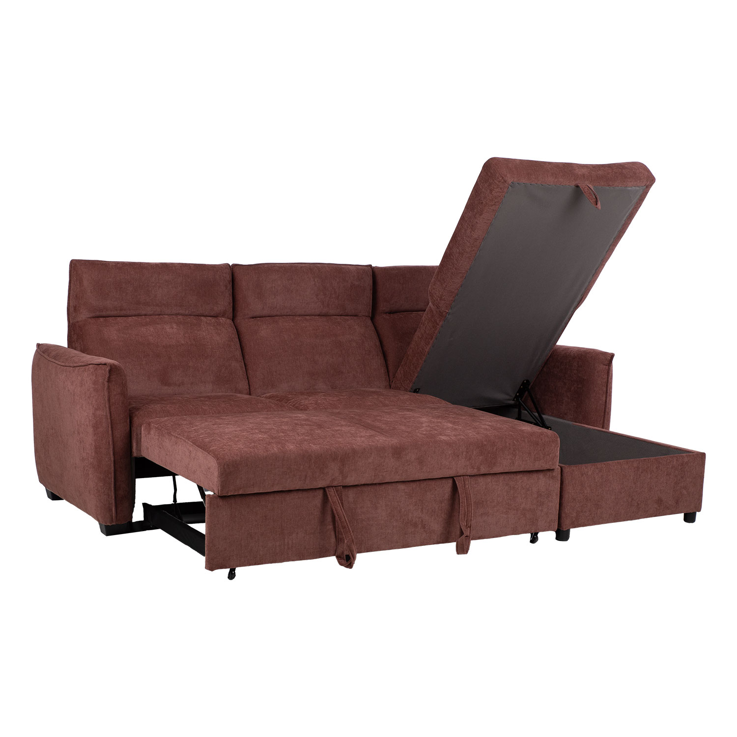 Kampinė sofa-lova su daiktadėže ir keičiama kampo puse, tamsiai rožinė, 244 × 155/88 × 102 cm