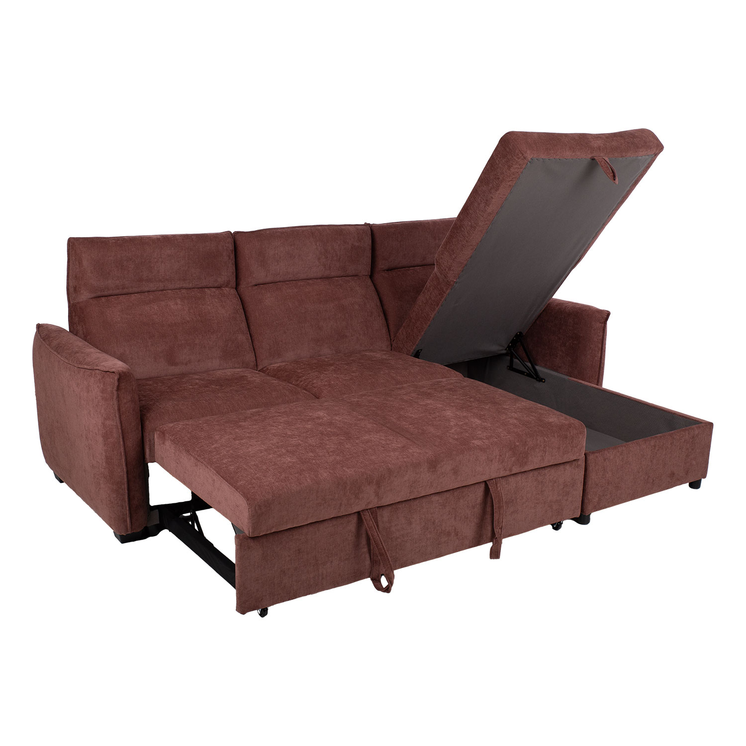 Kampinė sofa-lova su daiktadėže ir keičiama kampo puse, tamsiai rožinė, 244 × 155/88 × 102 cm 2