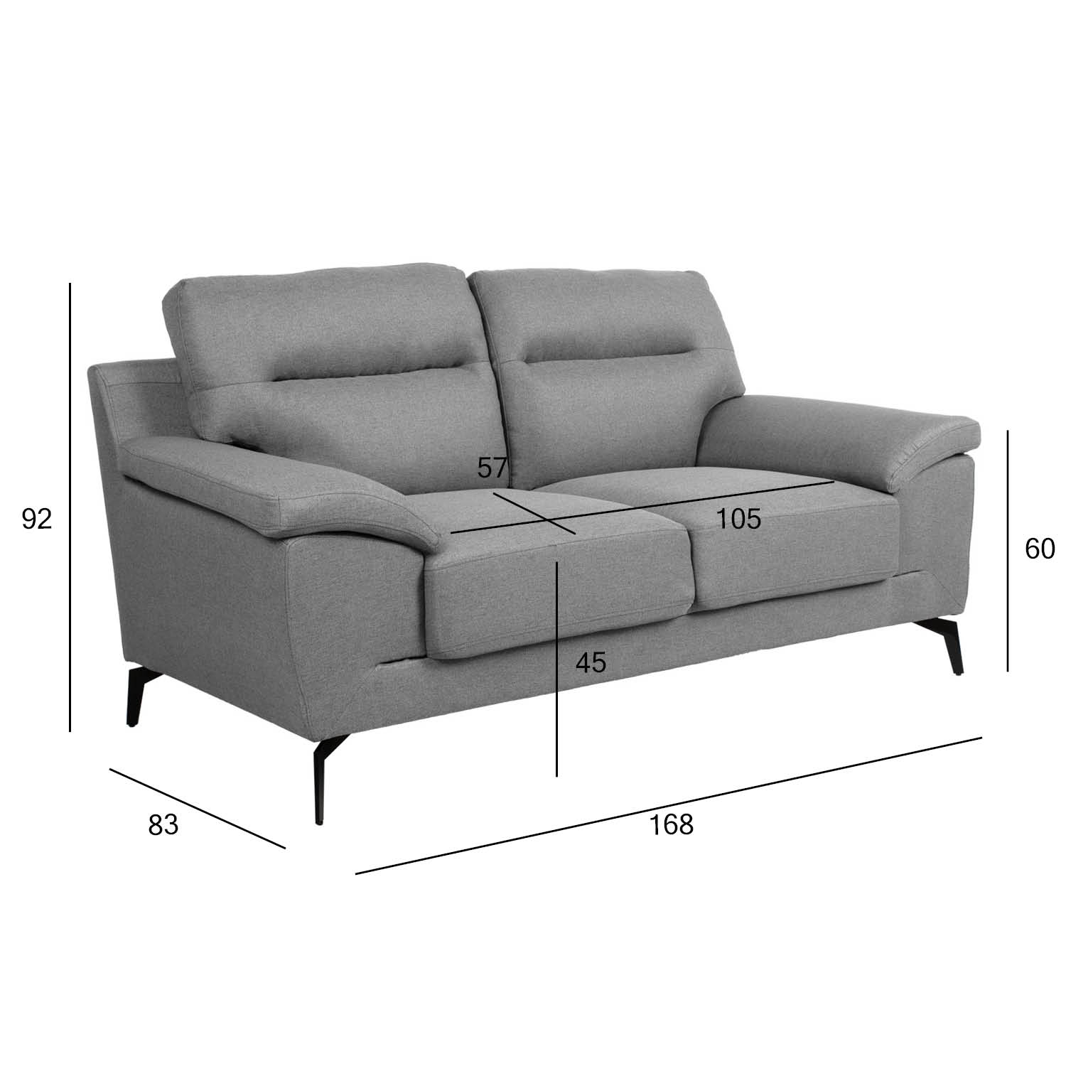 Sofa dvivietė, pilka, 168 × 83 × 92 cm