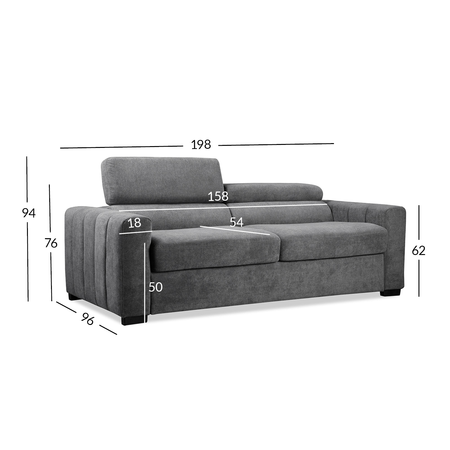 Sofa-lova, 3 vietų, tamsiai pilka, 198 × 96 × 76/94 cm 2